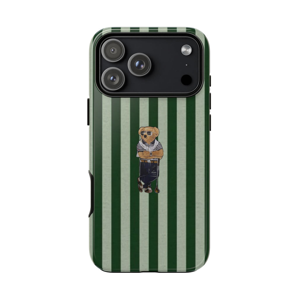 Pine green and cream striped phone case with golf teddy bear, camera lens openings