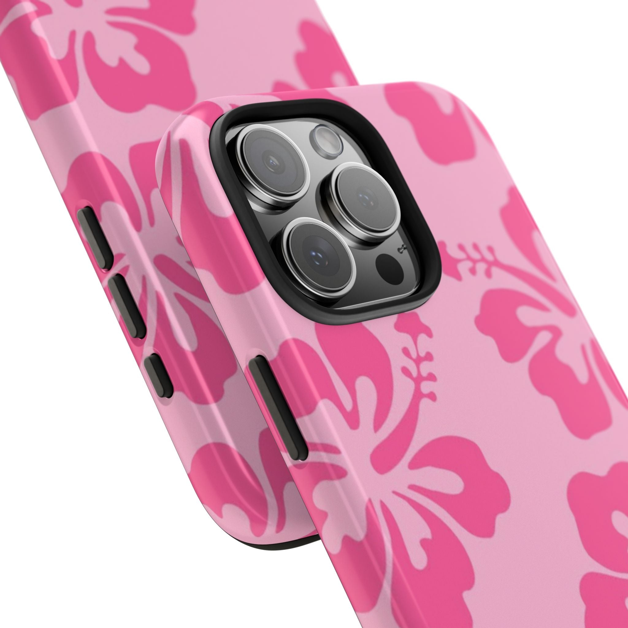 Pink hibiscus flower phone case with side button cutouts and camera bump protection