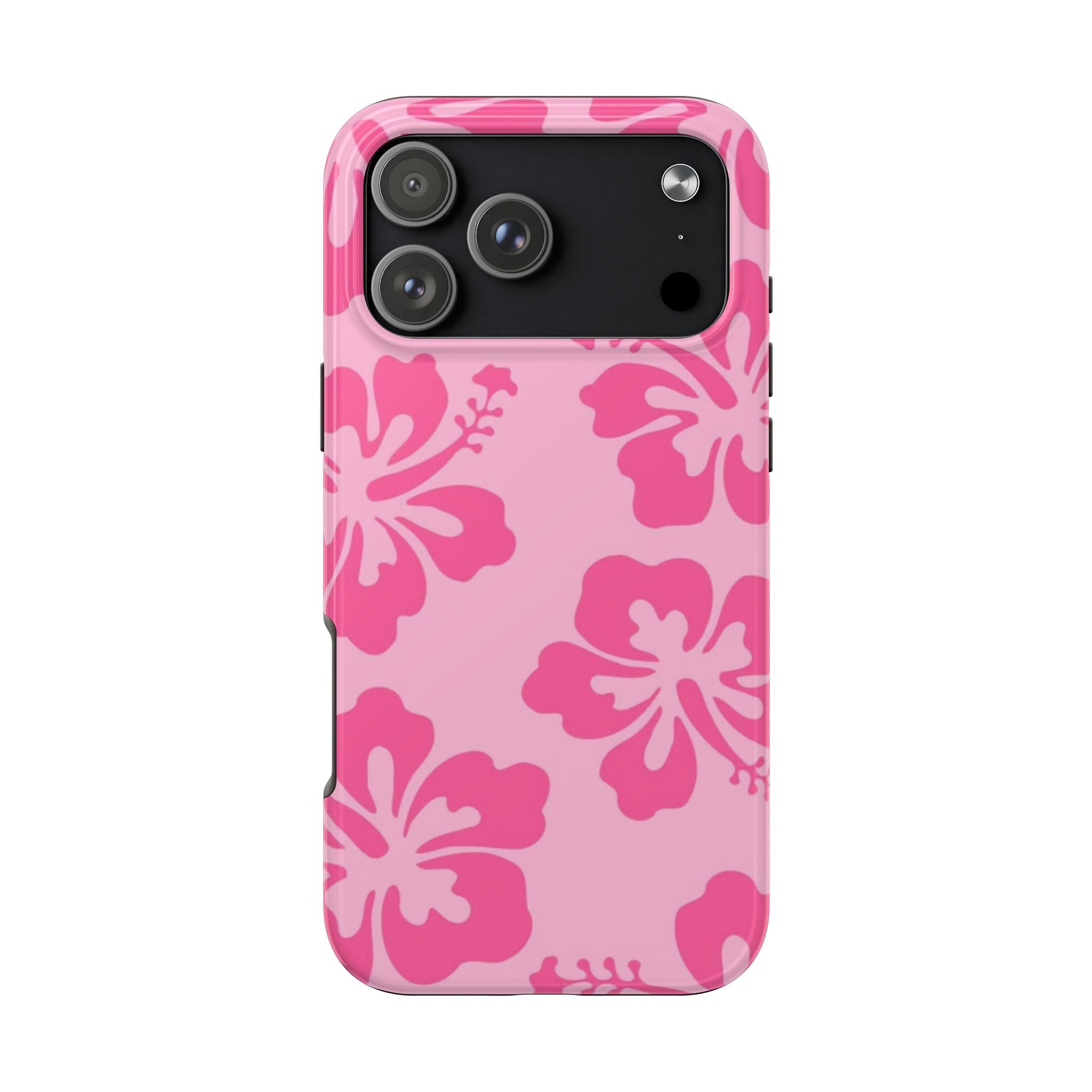 Pink hibiscus flower phone case with camera cutouts on a light pink background