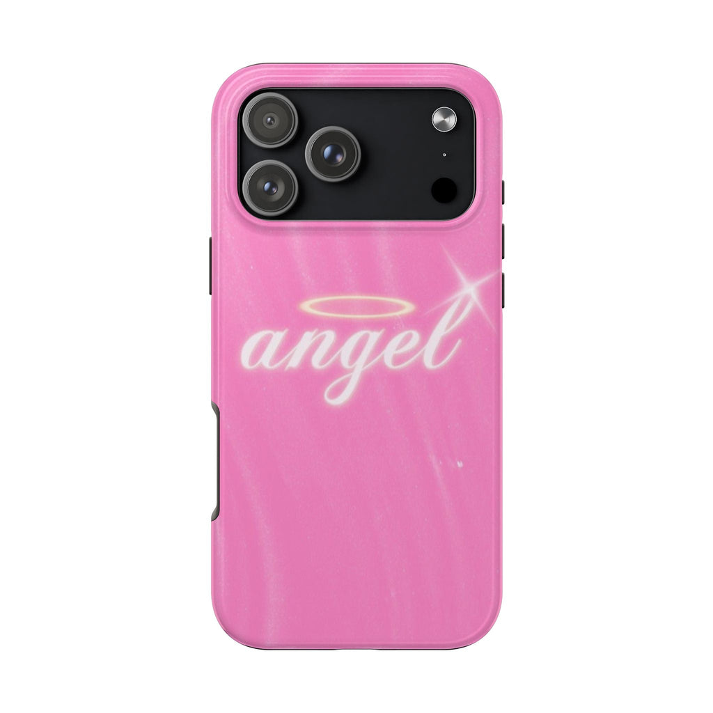 Pink “angel” halo phone case with cutouts around the camera and flash