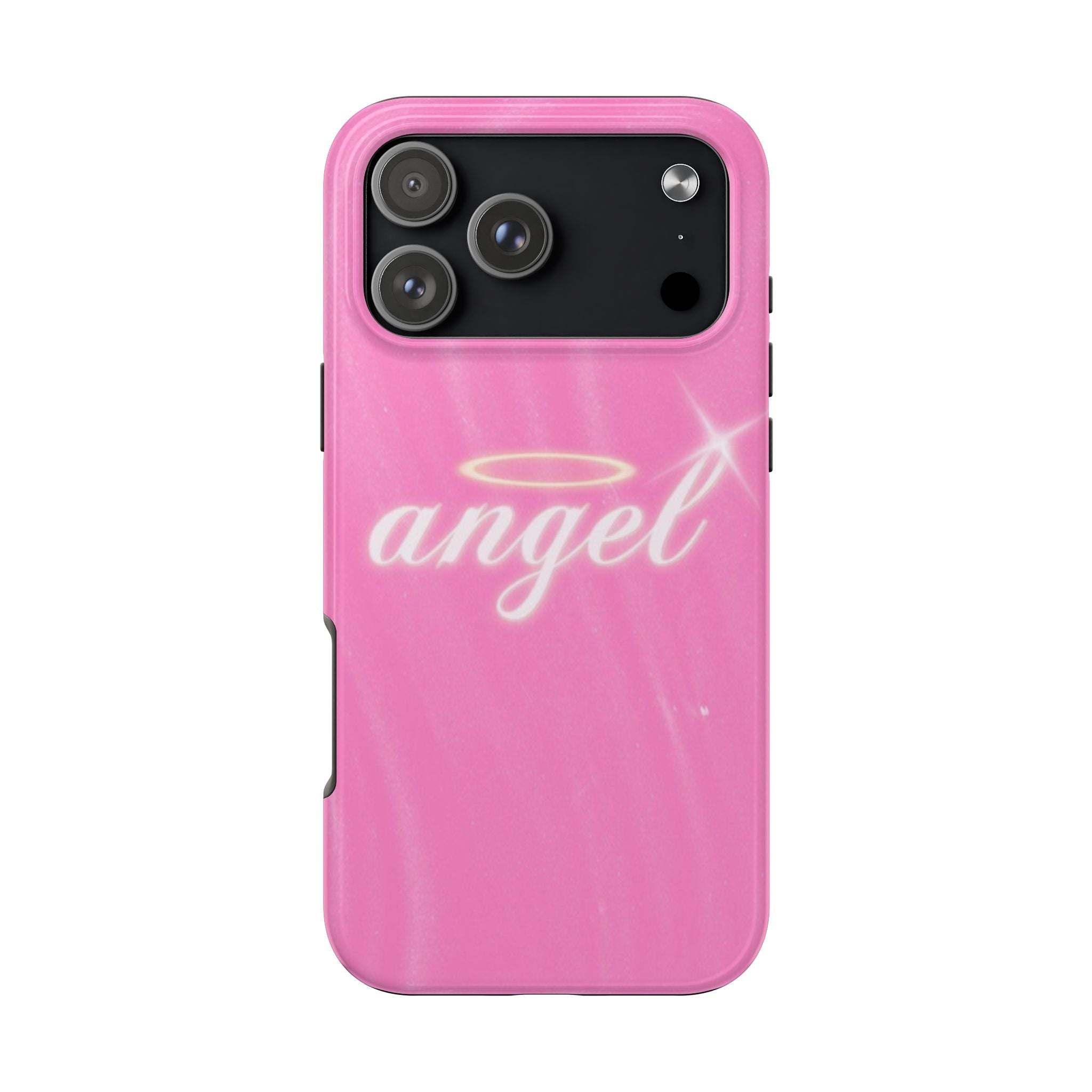 Pink “angel” halo phone case with cutouts around the camera and flash