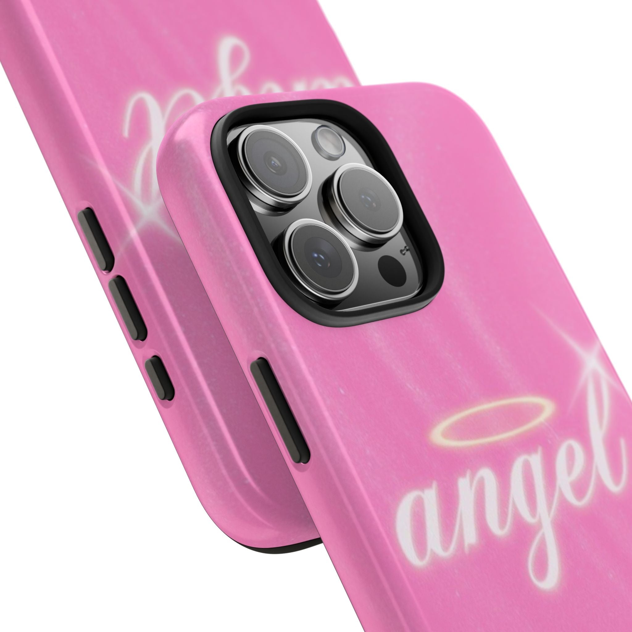 Close-up of pink “angel” halo phone case with triple camera cutout and buttons