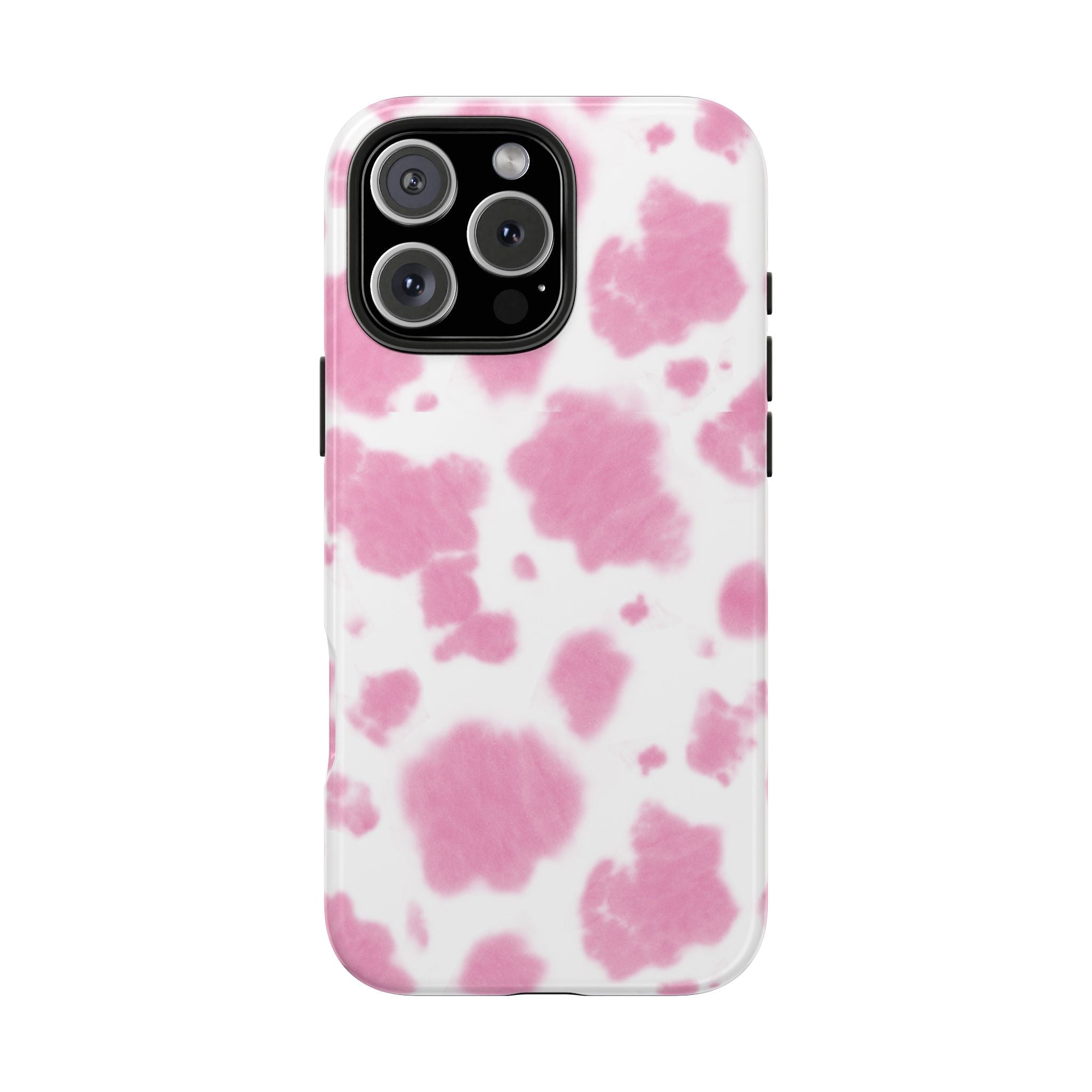 Pink cow spot pattern phone case, clear openings around triple camera