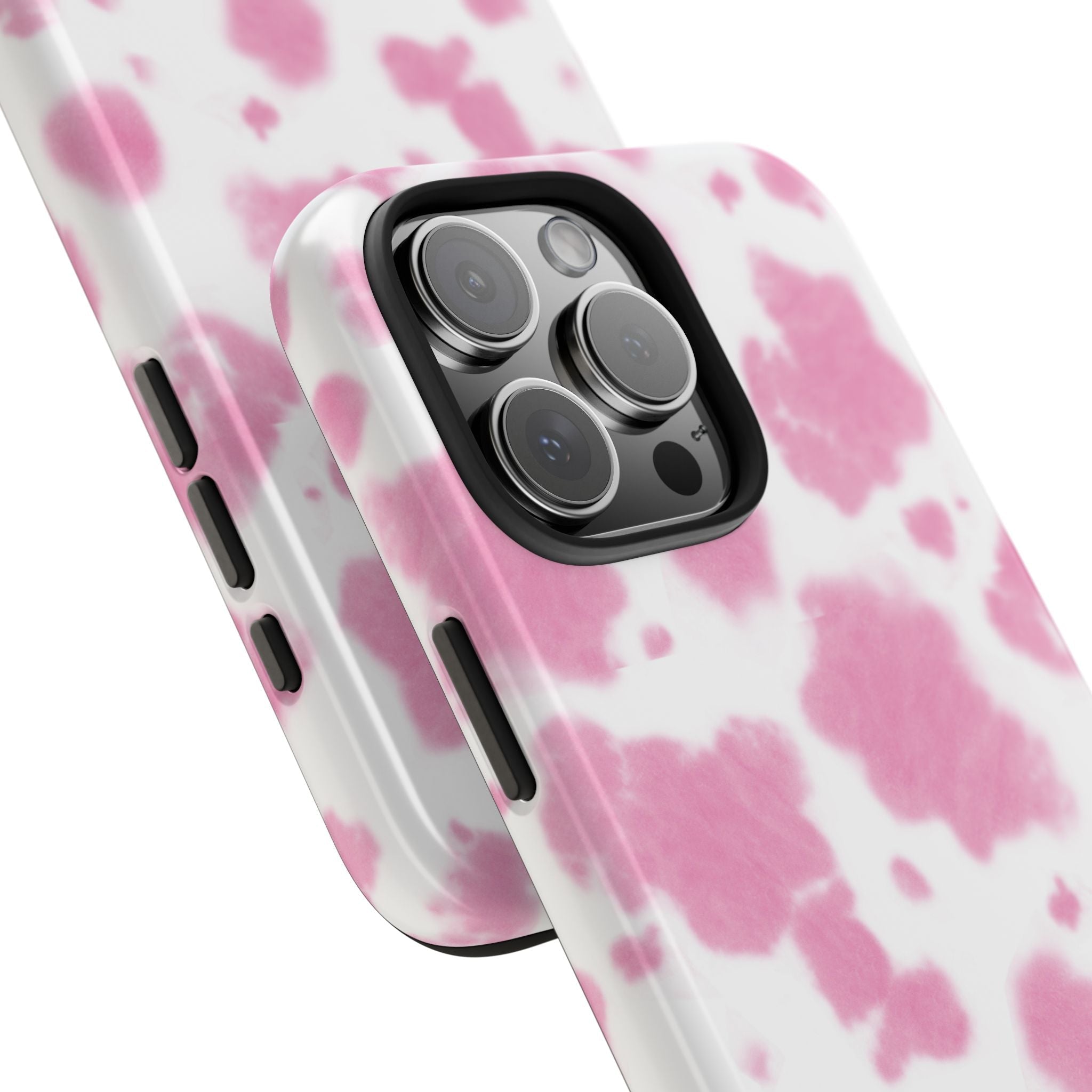 Pink cow spot phone case with protective sides and covered camera lens openings