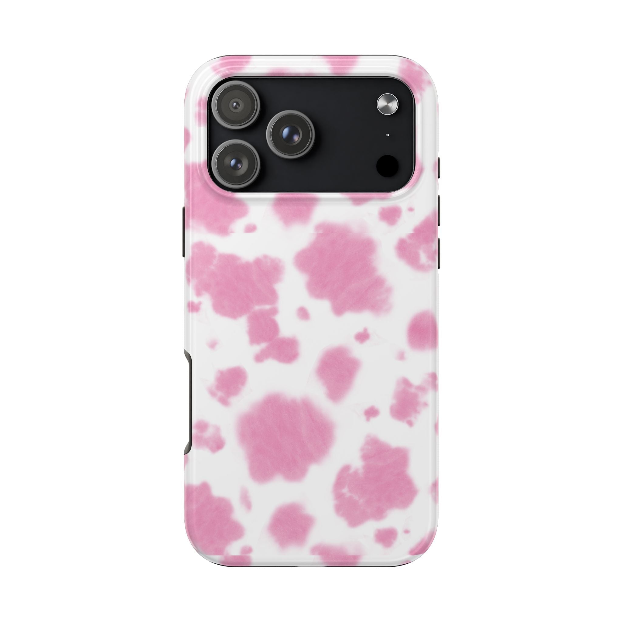 Pink cow print phone case with white background and raised camera cutouts