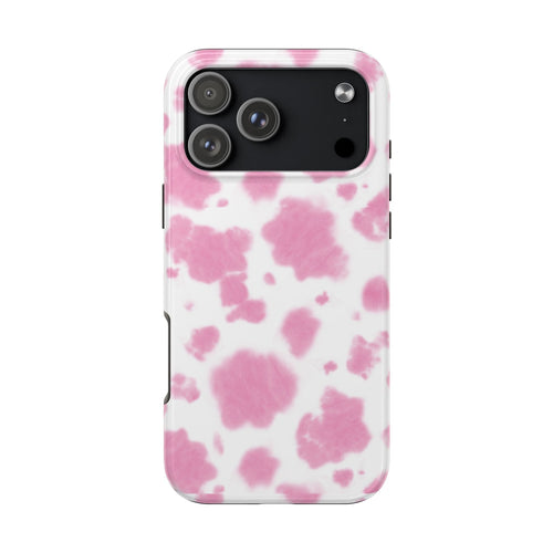 Pink cow print phone case with white background and raised camera cutouts