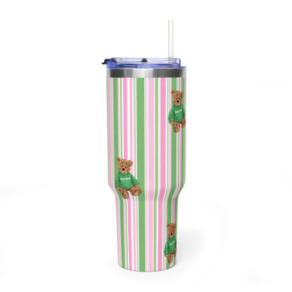 40oz stainless tumbler, green and pink stripe pattern, teddy bear graphics, straw lid