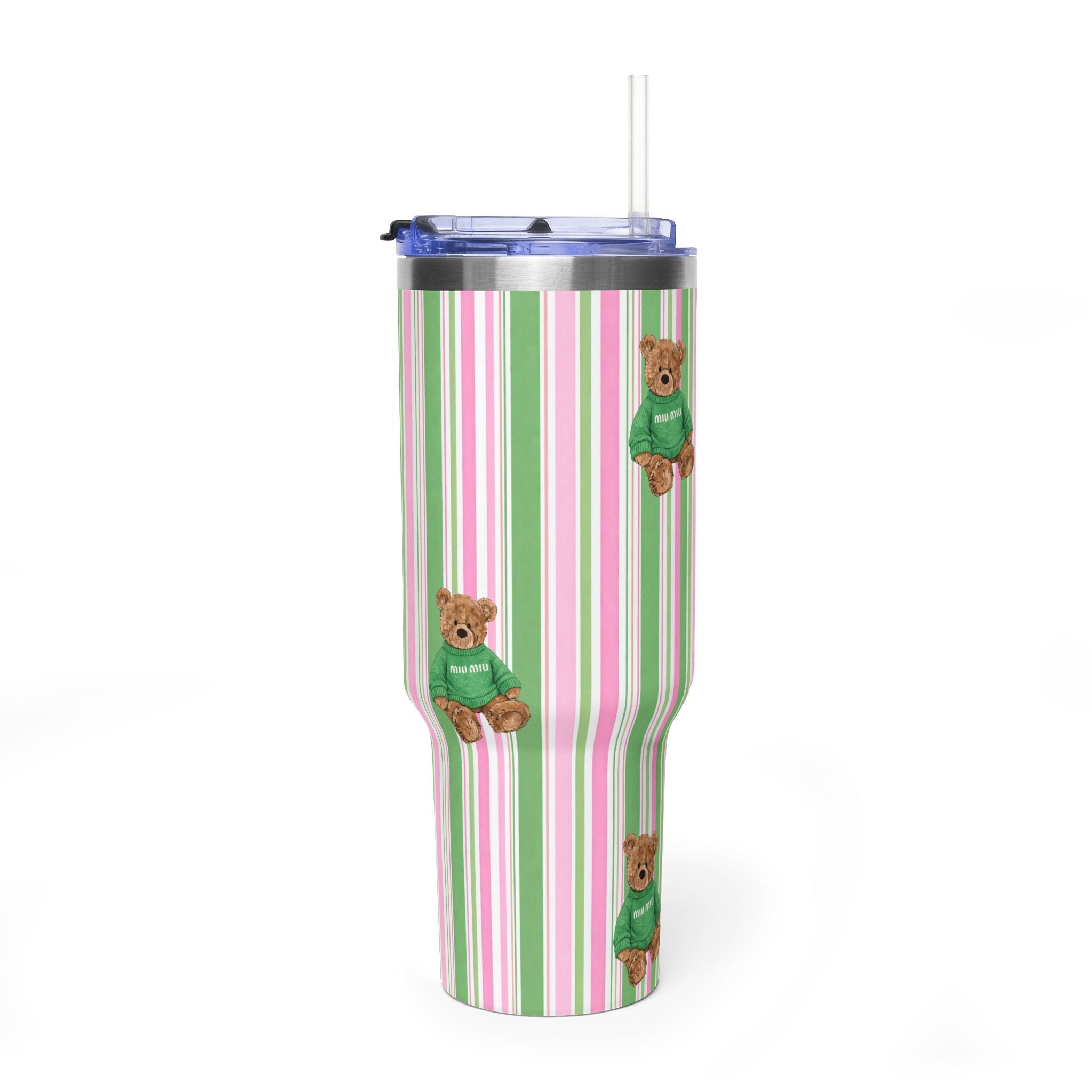 40oz stainless tumbler, green and pink stripe pattern, teddy bear graphics, straw lid