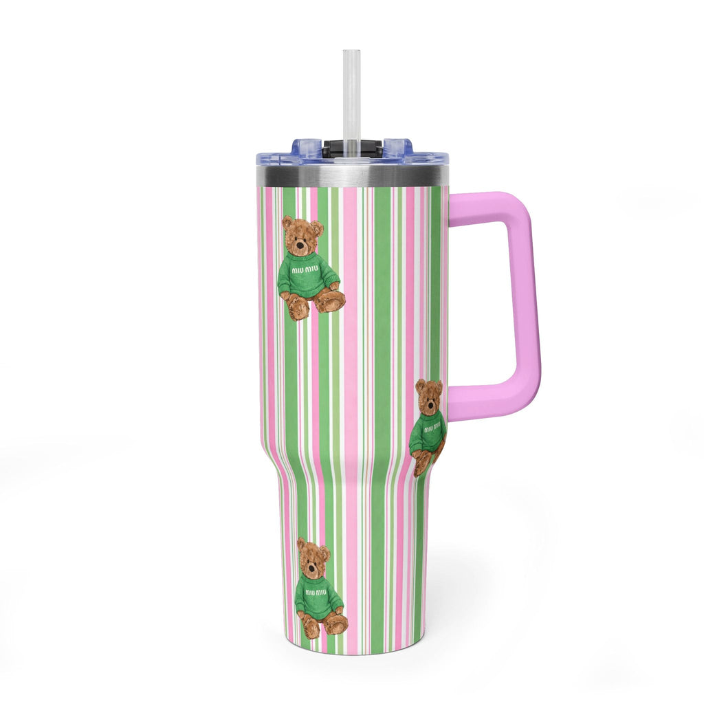 40oz stainless tumbler, pink/green vertical stripes, teddy bear patches, clear lid