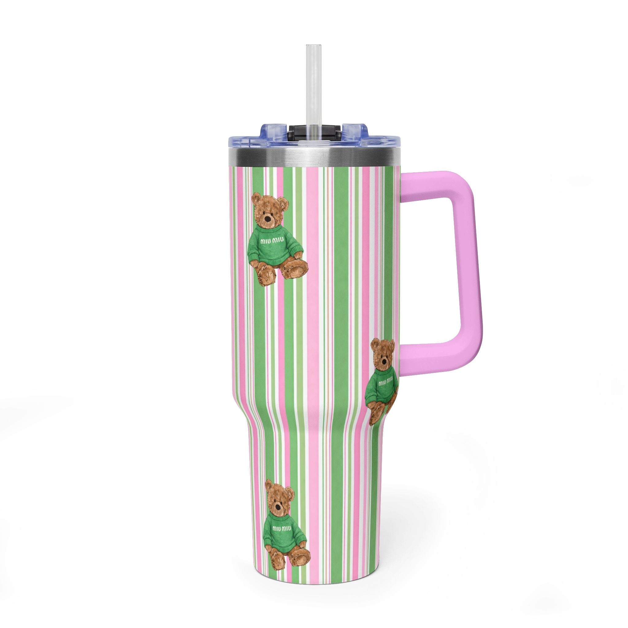 40oz stainless tumbler, pink/green vertical stripes, teddy bear patches, clear lid