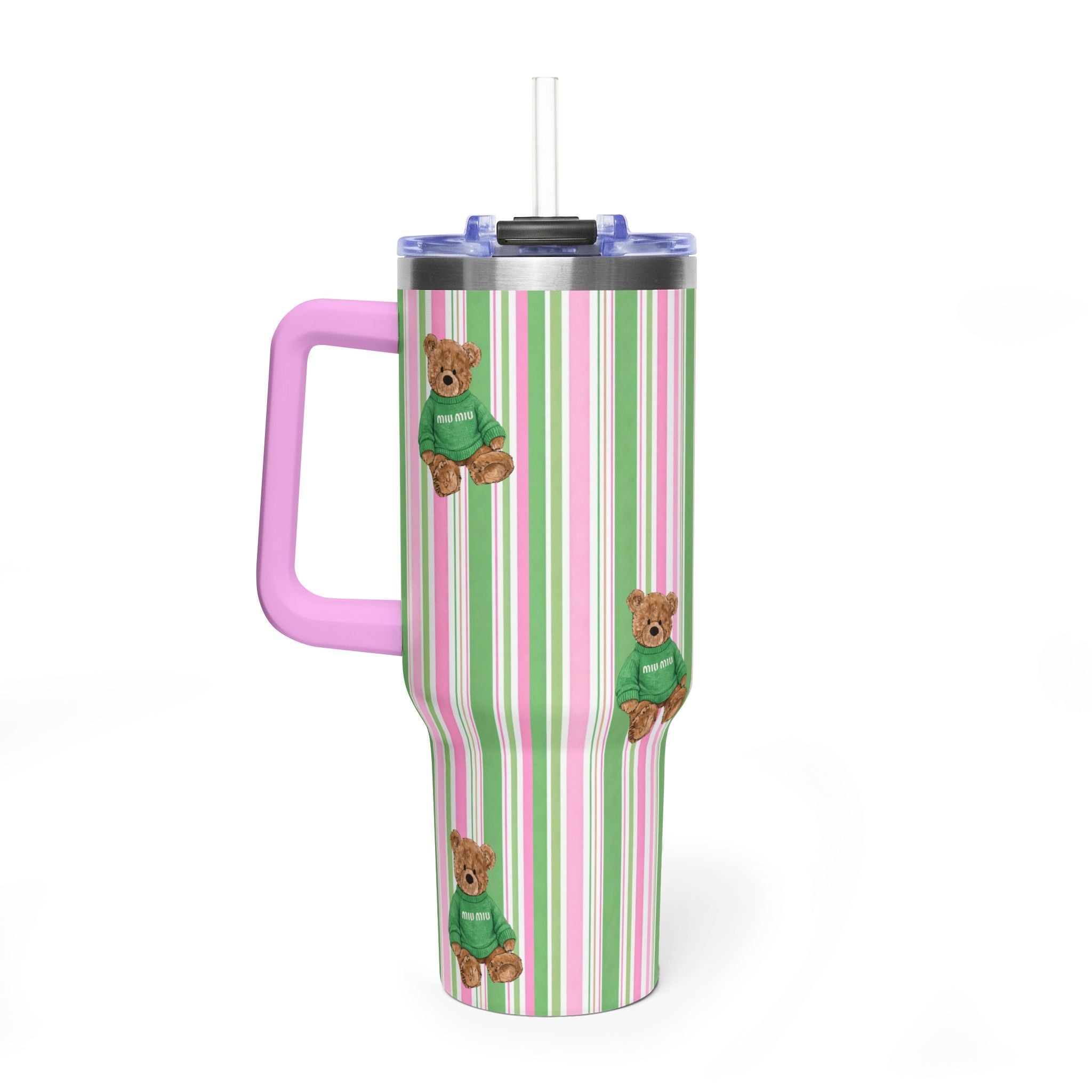 40oz stainless tumbler with pink/green stripes, teddy bear patches, purple side handle