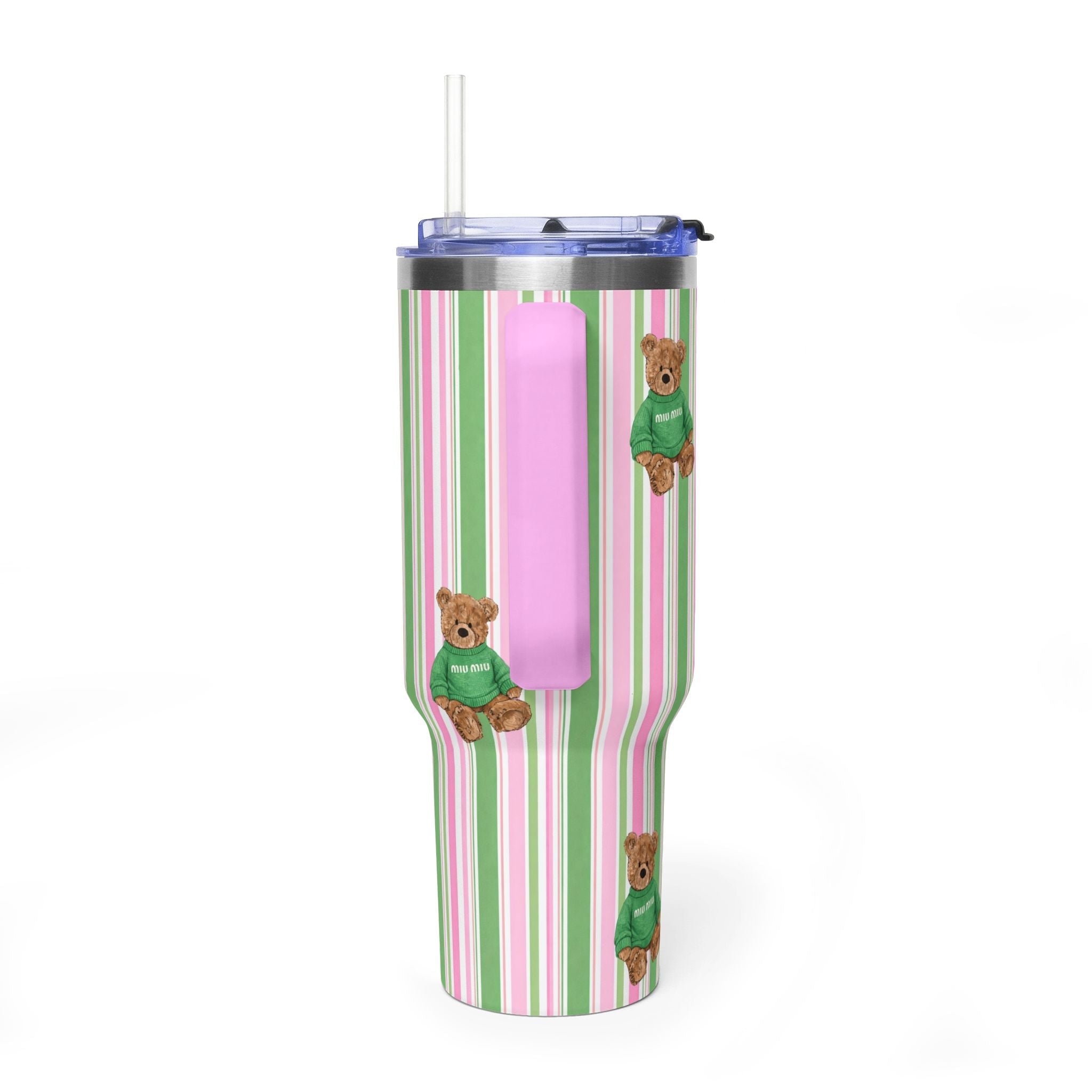 40oz tumbler, pink/green stripes with teddy bear patches, purple handhold, clear lid