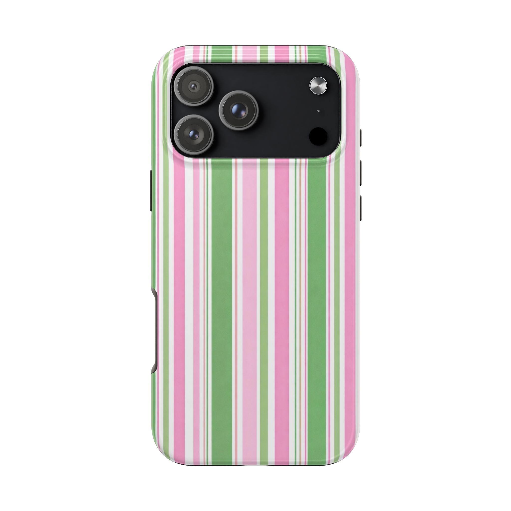 Pink, green & white vertical stripe phone case, side buttons and camera cutout