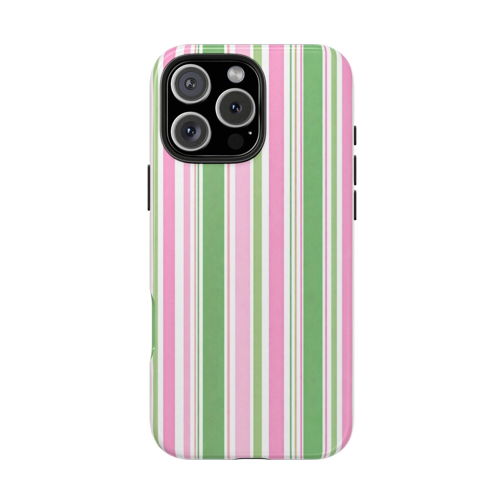 Pink, green & white vertical stripe phone case, camera cutout with raised edges