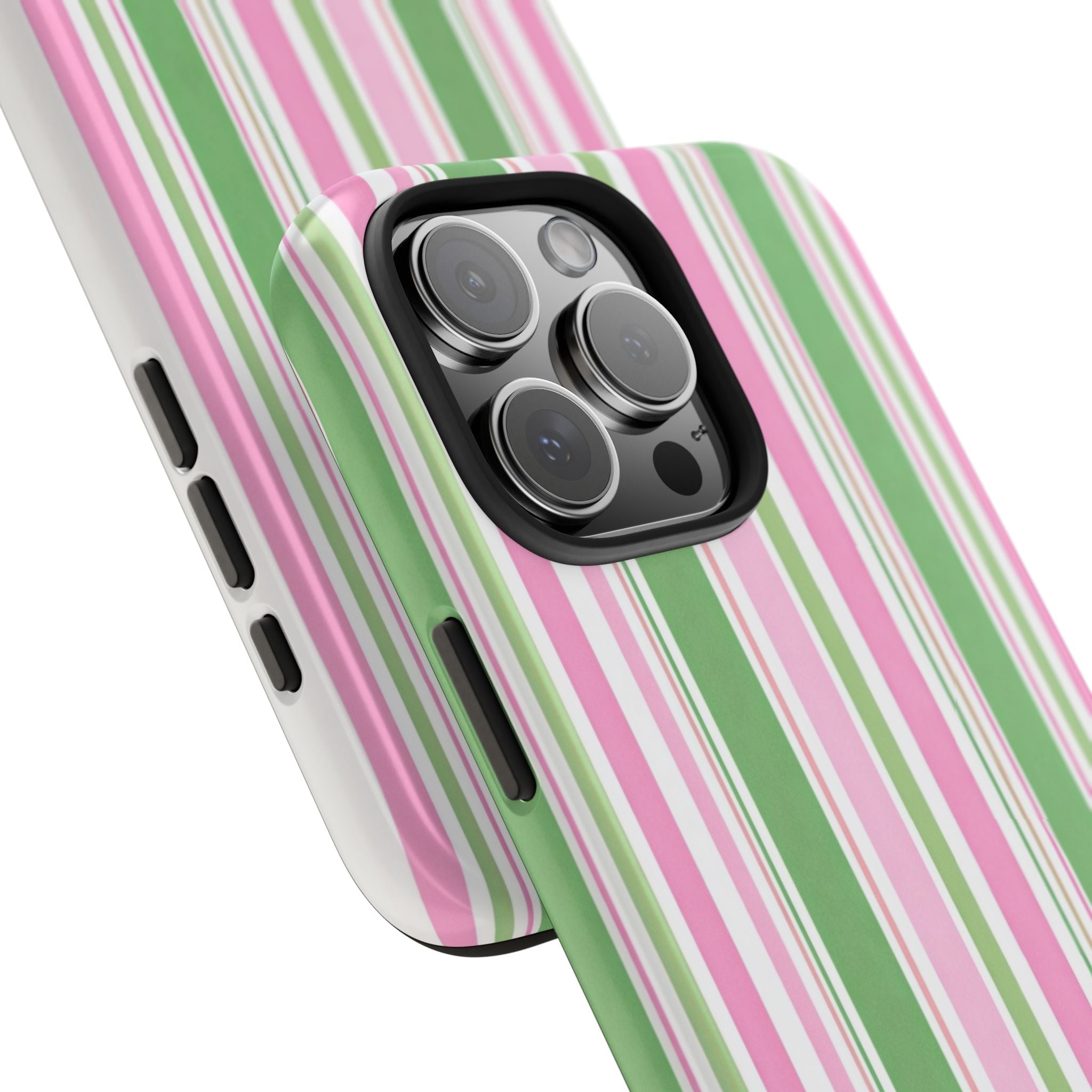 Pink, green & white vertical stripe phone case angled view, triple camera cover