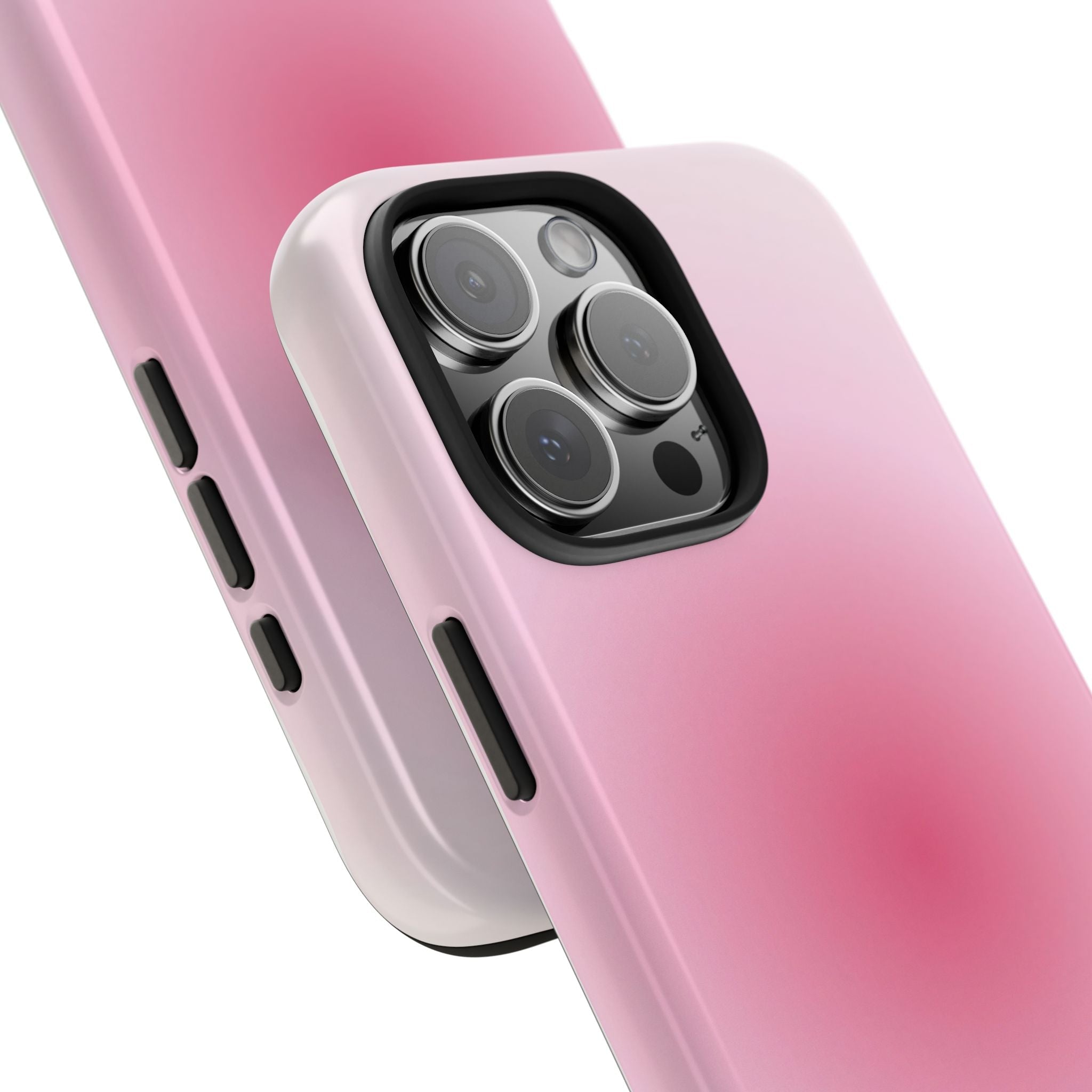 Close-up pink aura phone case showing camera bump, lens openings, and side buttons