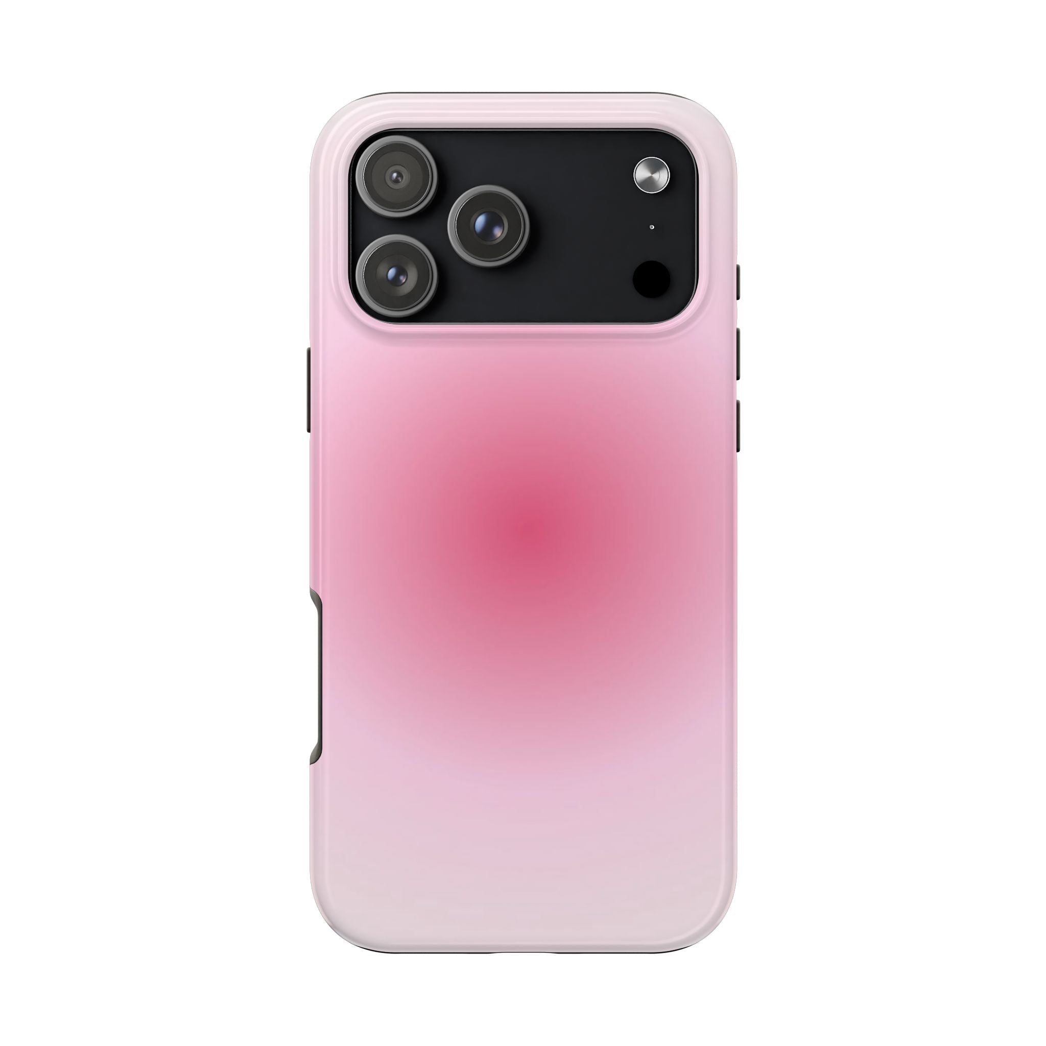 Pink aura phone case with cutouts and raised camera protection, glossy finish