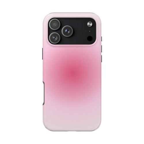 Pink aura phone case with cutouts and raised camera protection, glossy finish