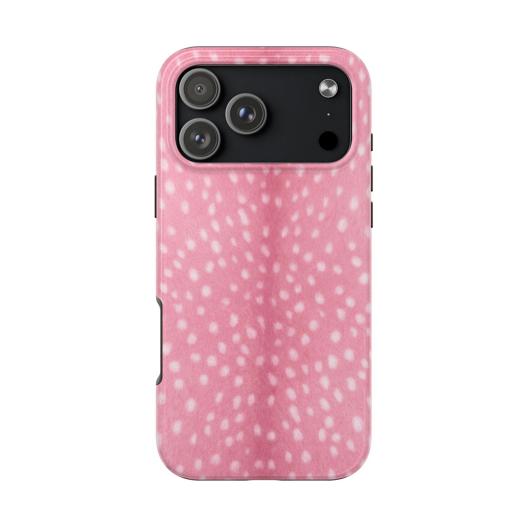 Pink phone case with white speckle pattern, raised camera cutout