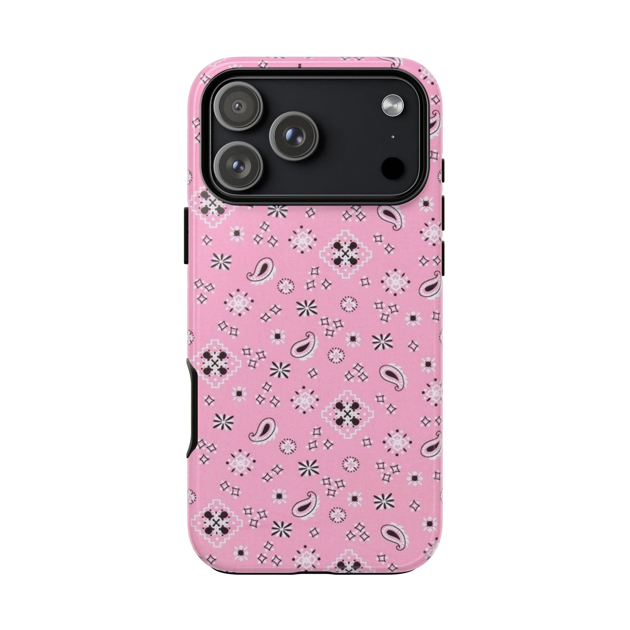 Pink bandana phone case front view with floral paisley pattern and camera openings