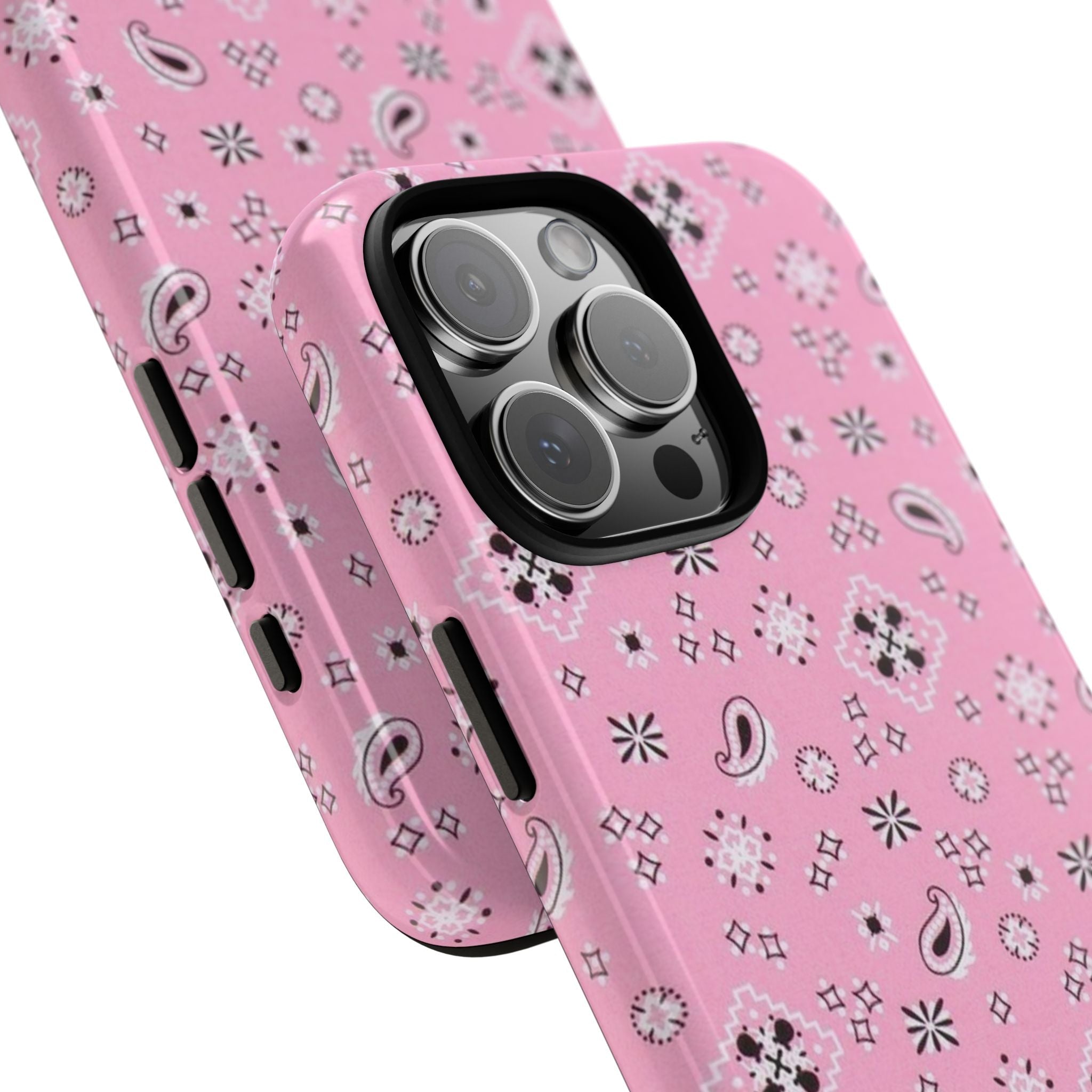 Pink bandana phone case close-up showing triple-lens cutout and side buttons