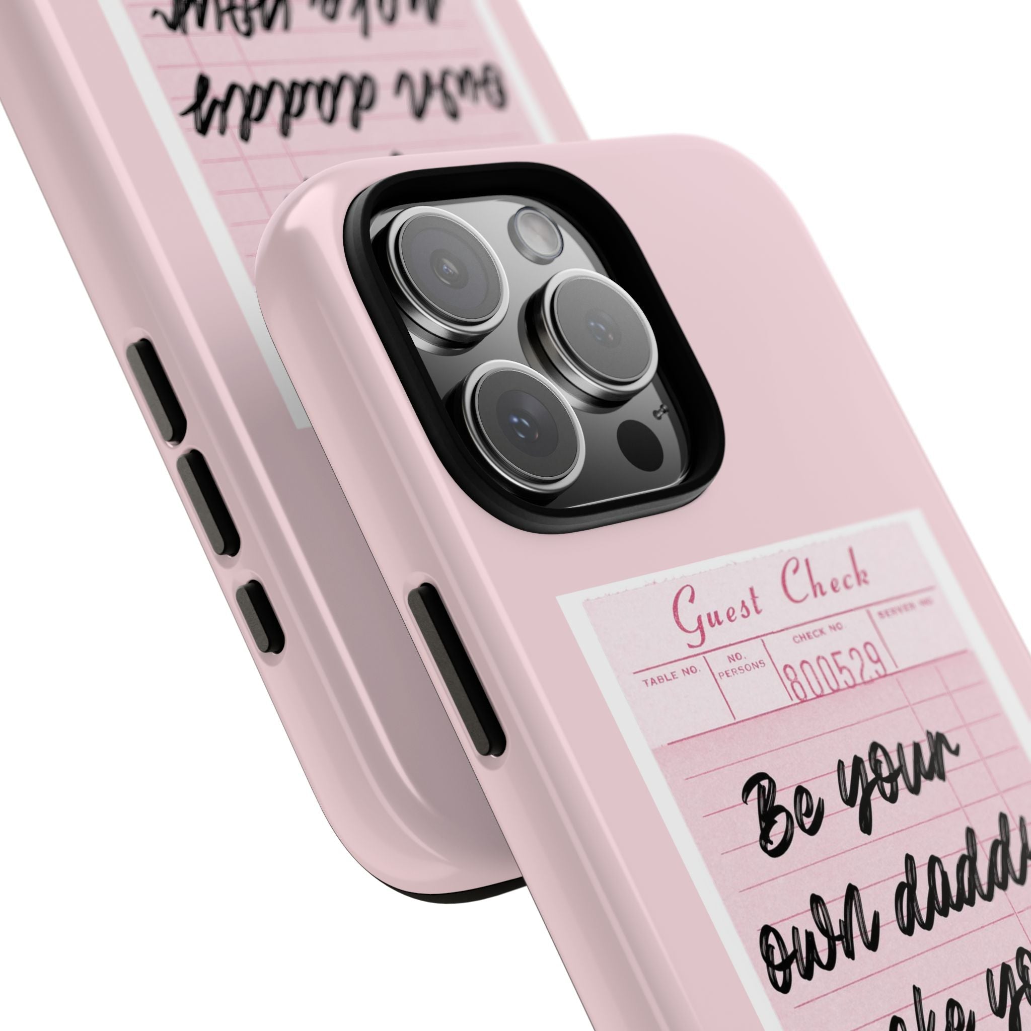 Pink phone case angled view, showing “Guest Check” label near camera cutout
