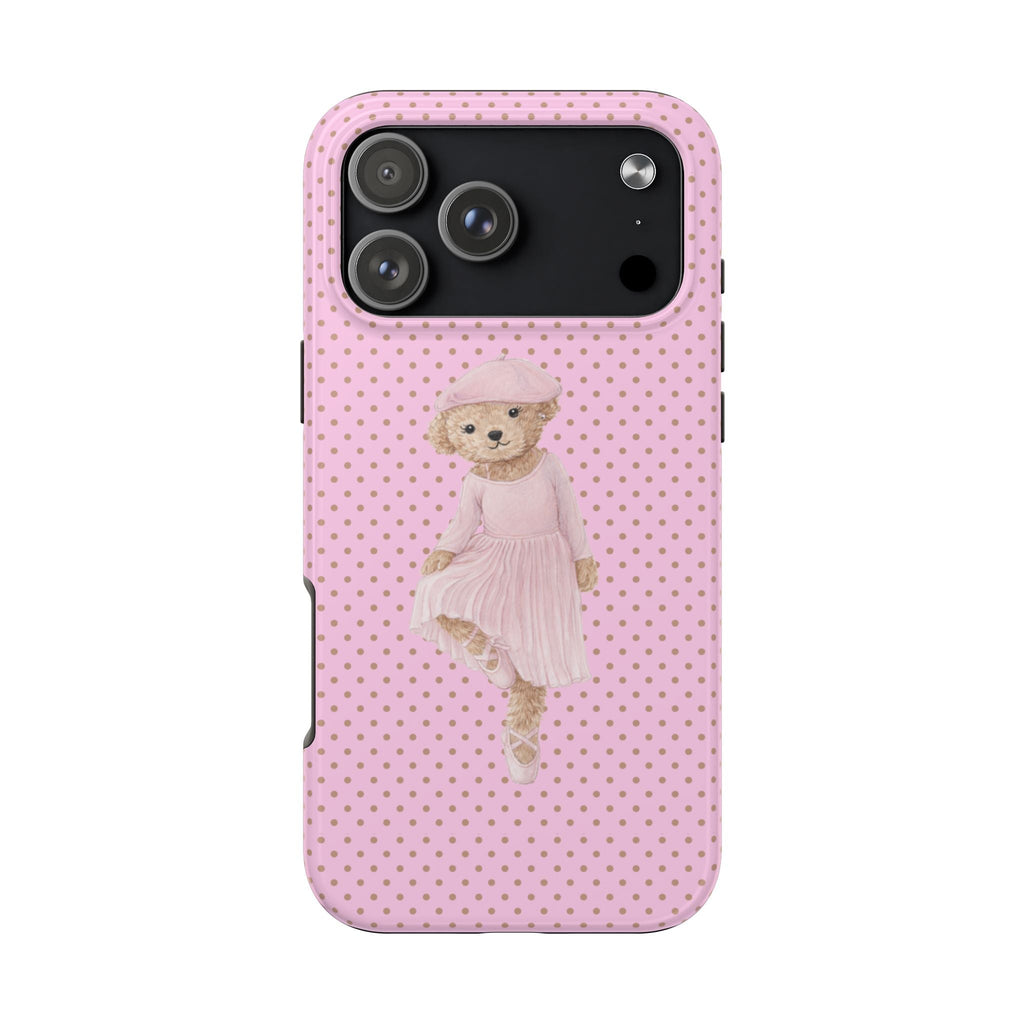 Pink polka dot phone case with teddy bear ballerina in pink dress