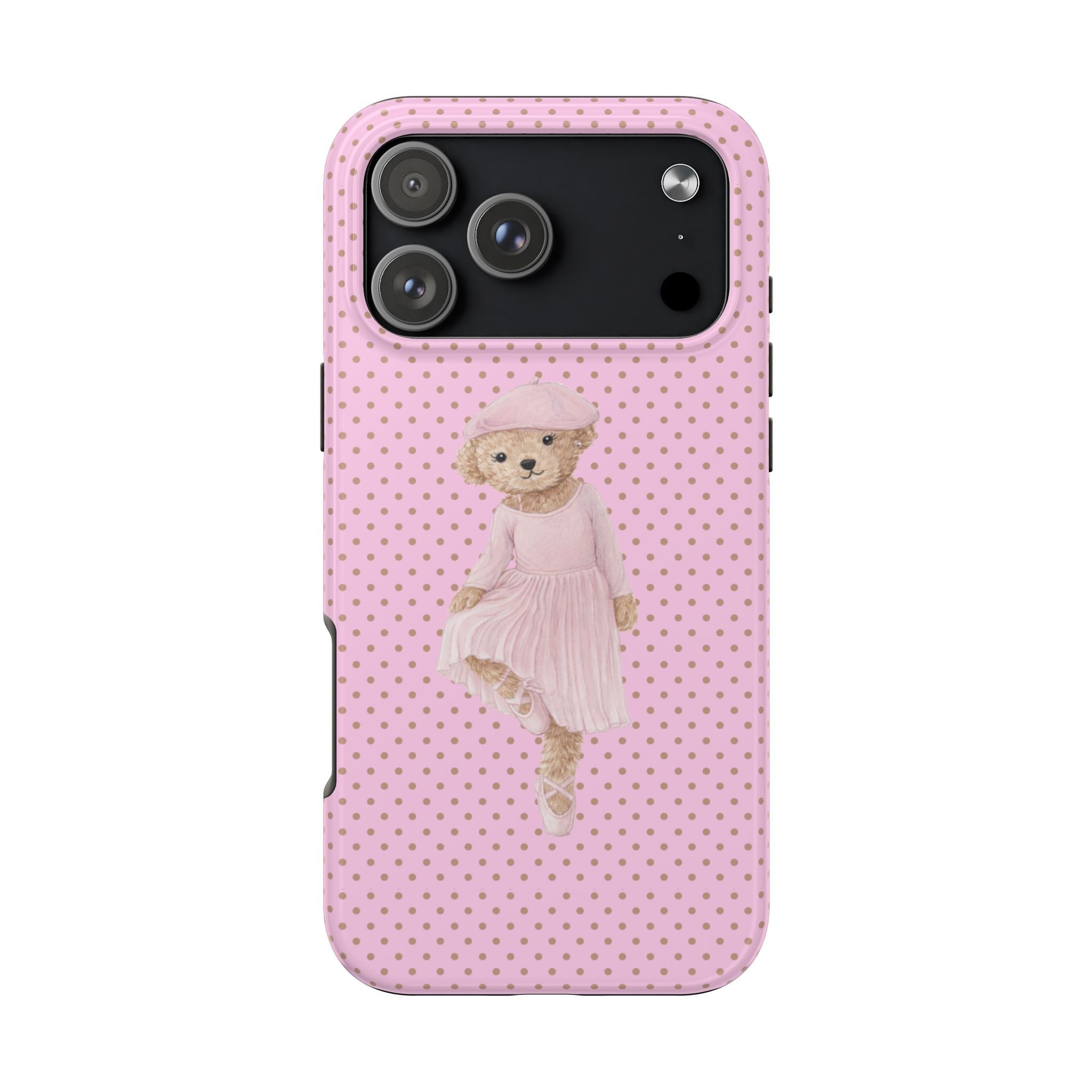 Pink polka dot phone case with teddy bear ballerina in pink dress