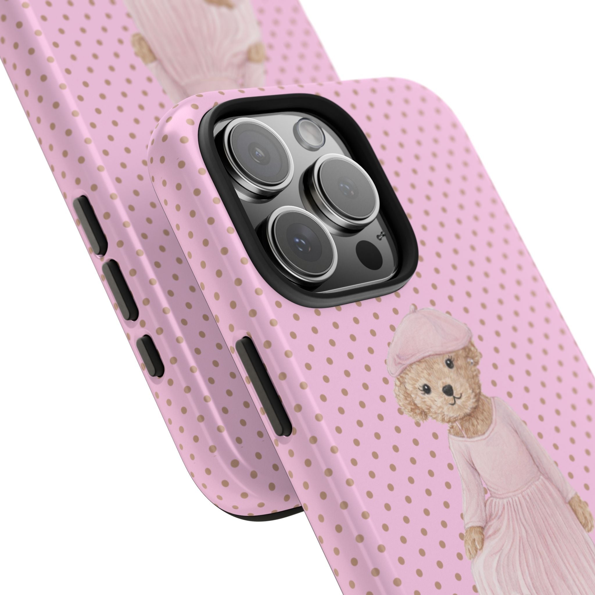 Pink polka dot phone case showing camera lenses cutout and bear ballerina detail