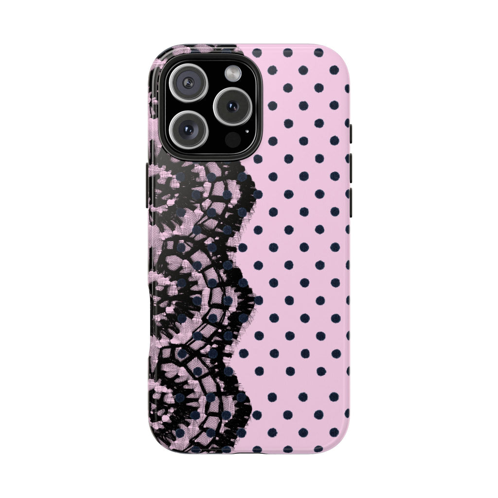 Pink case with black polka dots and lace floral panel beside camera cutouts