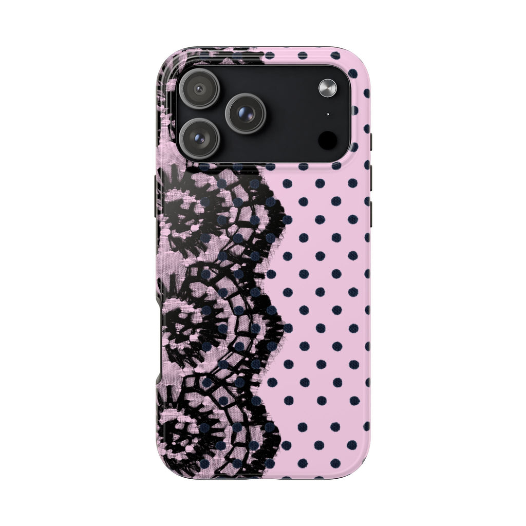 Pink phone case with black polka dots and lace floral stripe, camera cutouts