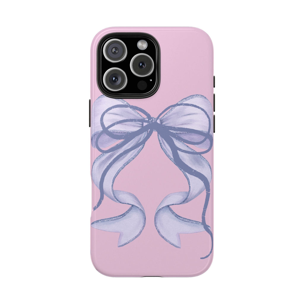 Pink phone case with blue bow ribbon centered, front camera lens cutouts