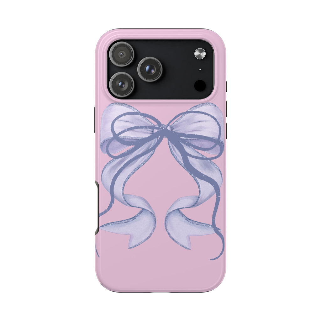 Pink phone case with blue double bow ribbon design, front view, camera cutouts