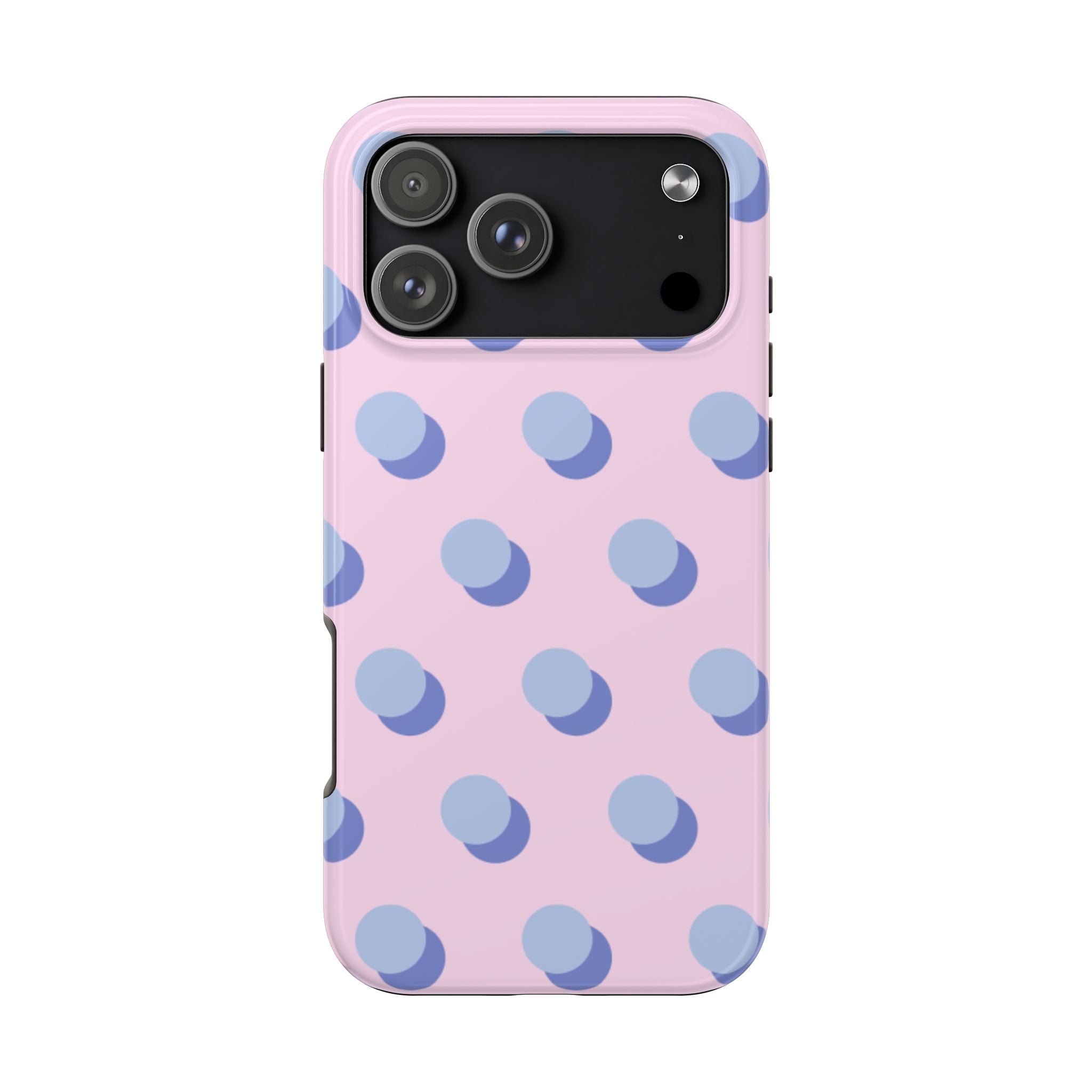 Pink phone case with blue polka-dot pattern and matching camera cutout
