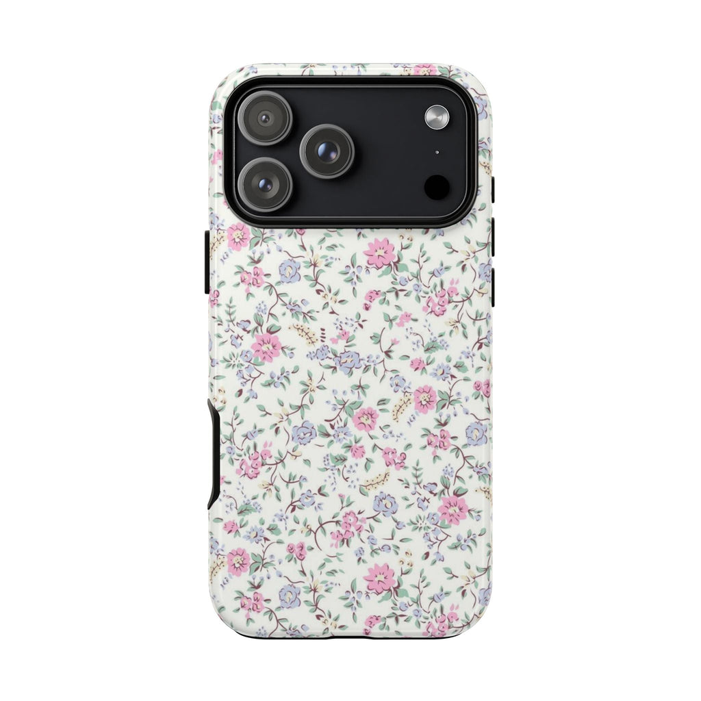 Pink and blue floral phone case back with large camera openings and slim speaker/flash cutouts