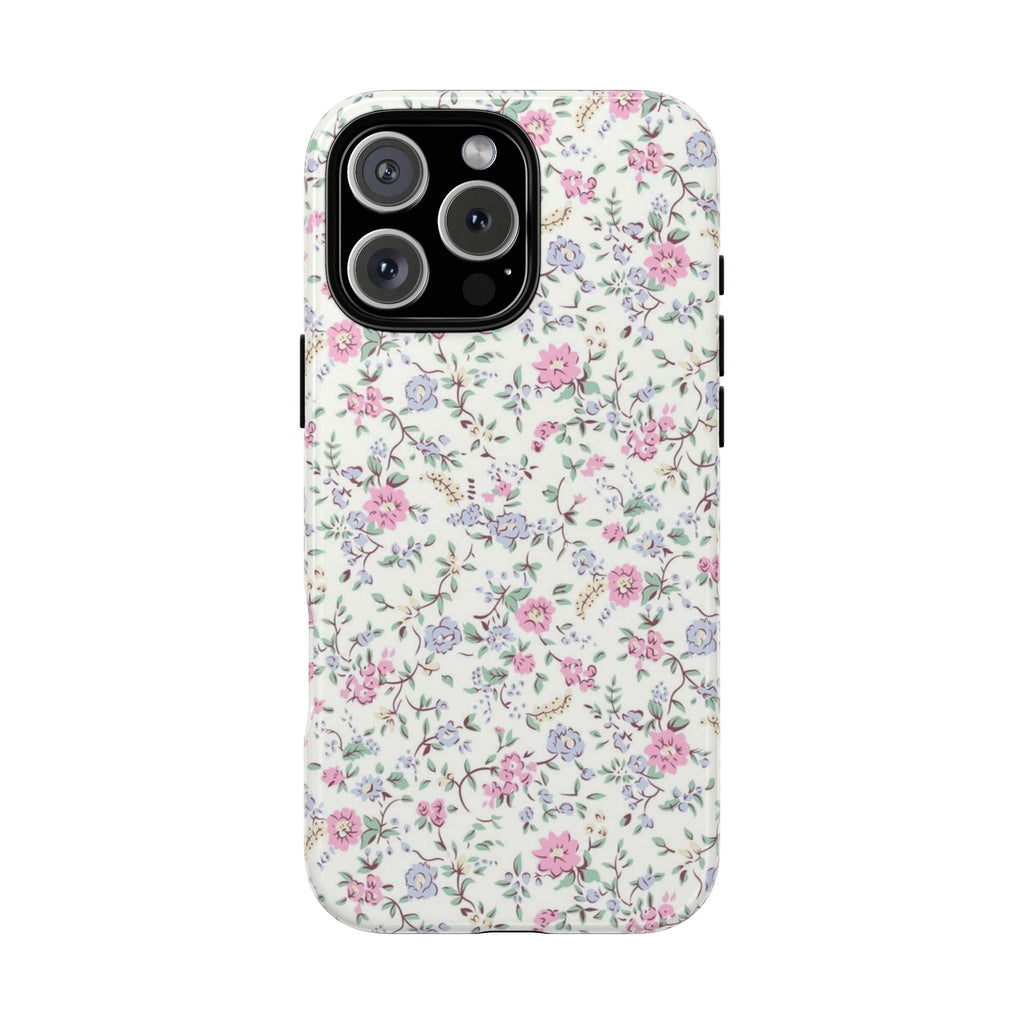 Pink and blue floral phone case with raised camera cutouts and smooth edges