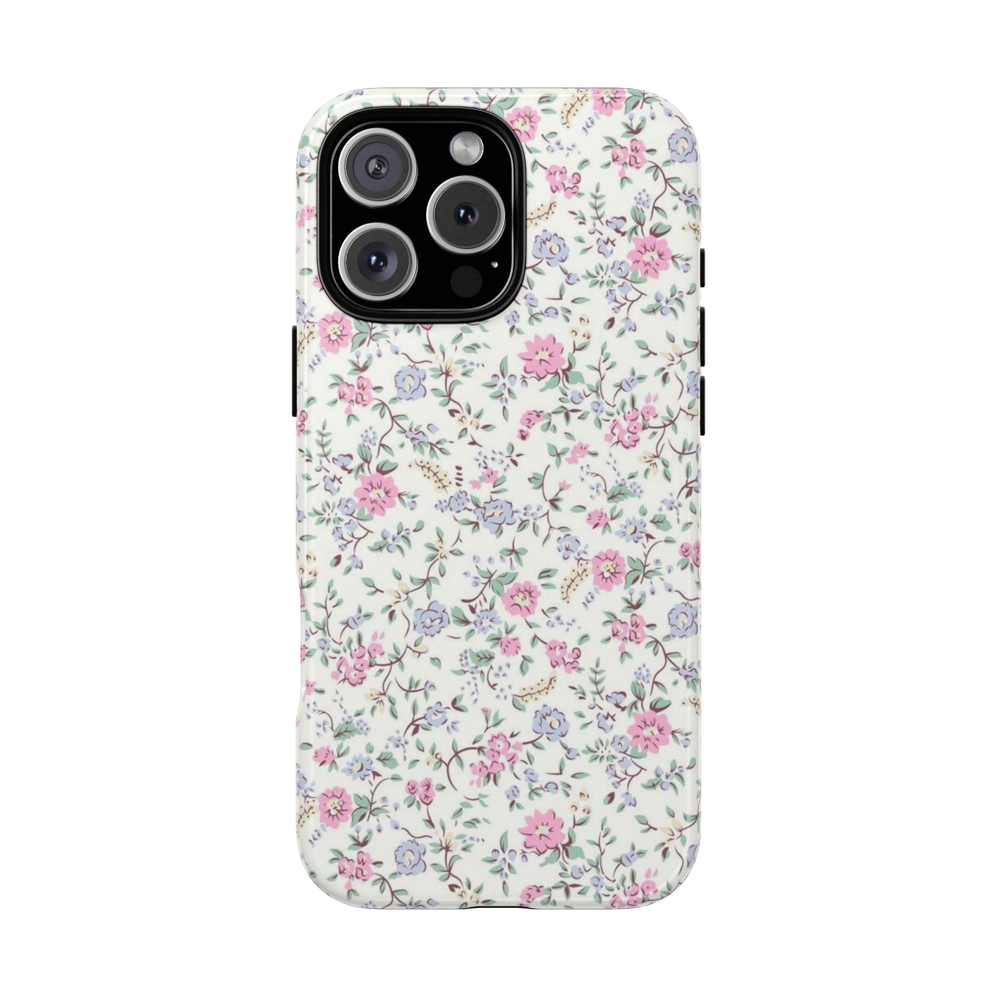 Pink and blue floral phone case with raised camera cutouts and smooth edges