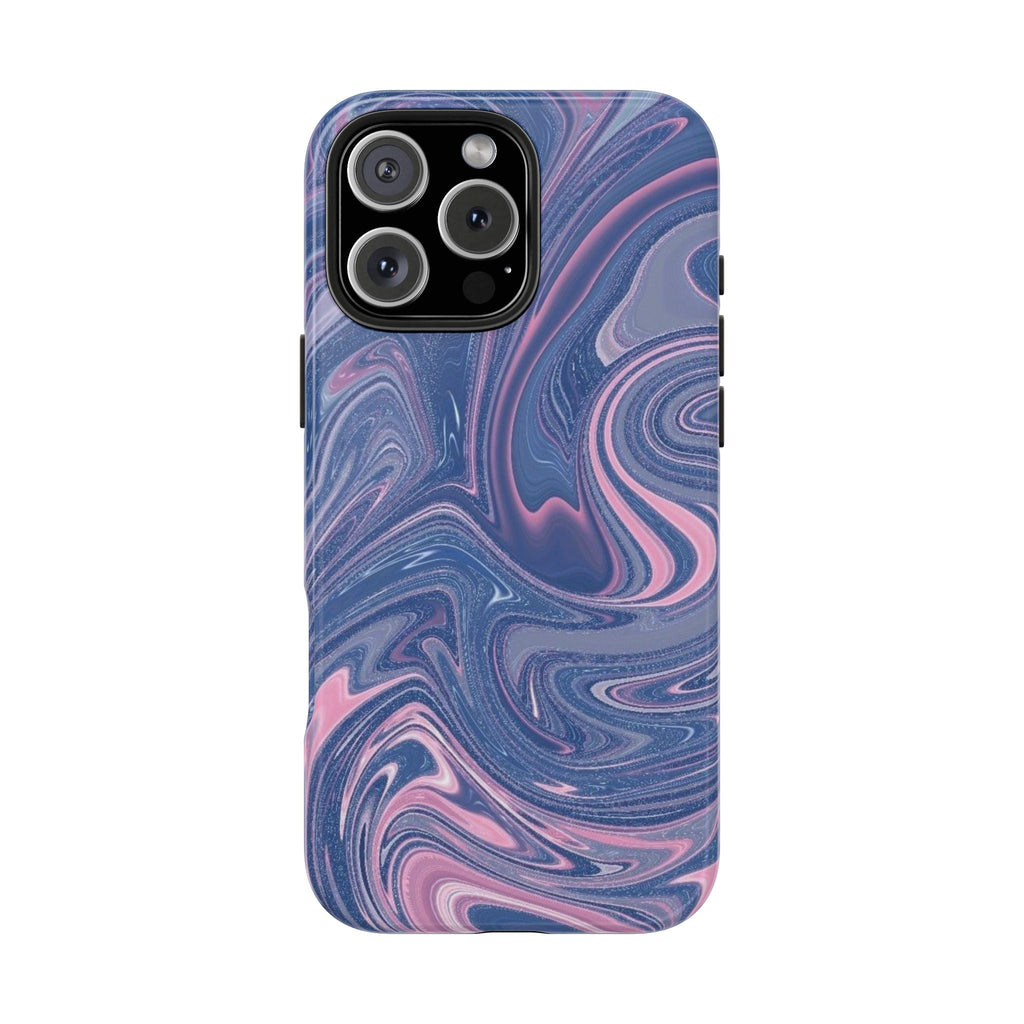 Blue and pink swirled phone case with glossy surface and four-camera cutout