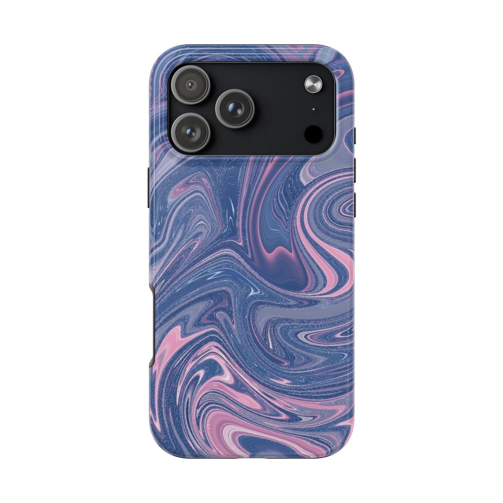 Pink and blue swirl phone case with raised camera cutout and small side openings