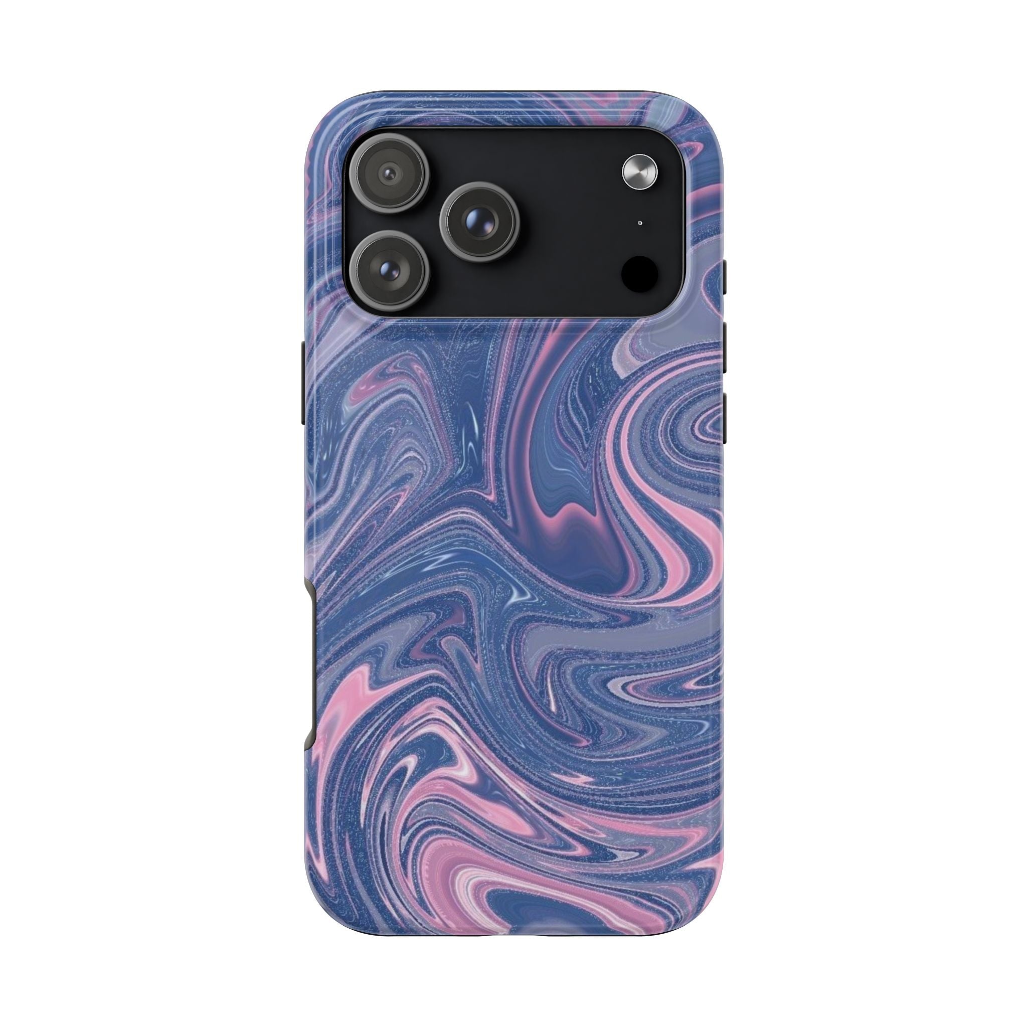 Pink and blue swirl phone case with raised camera cutout and small side openings