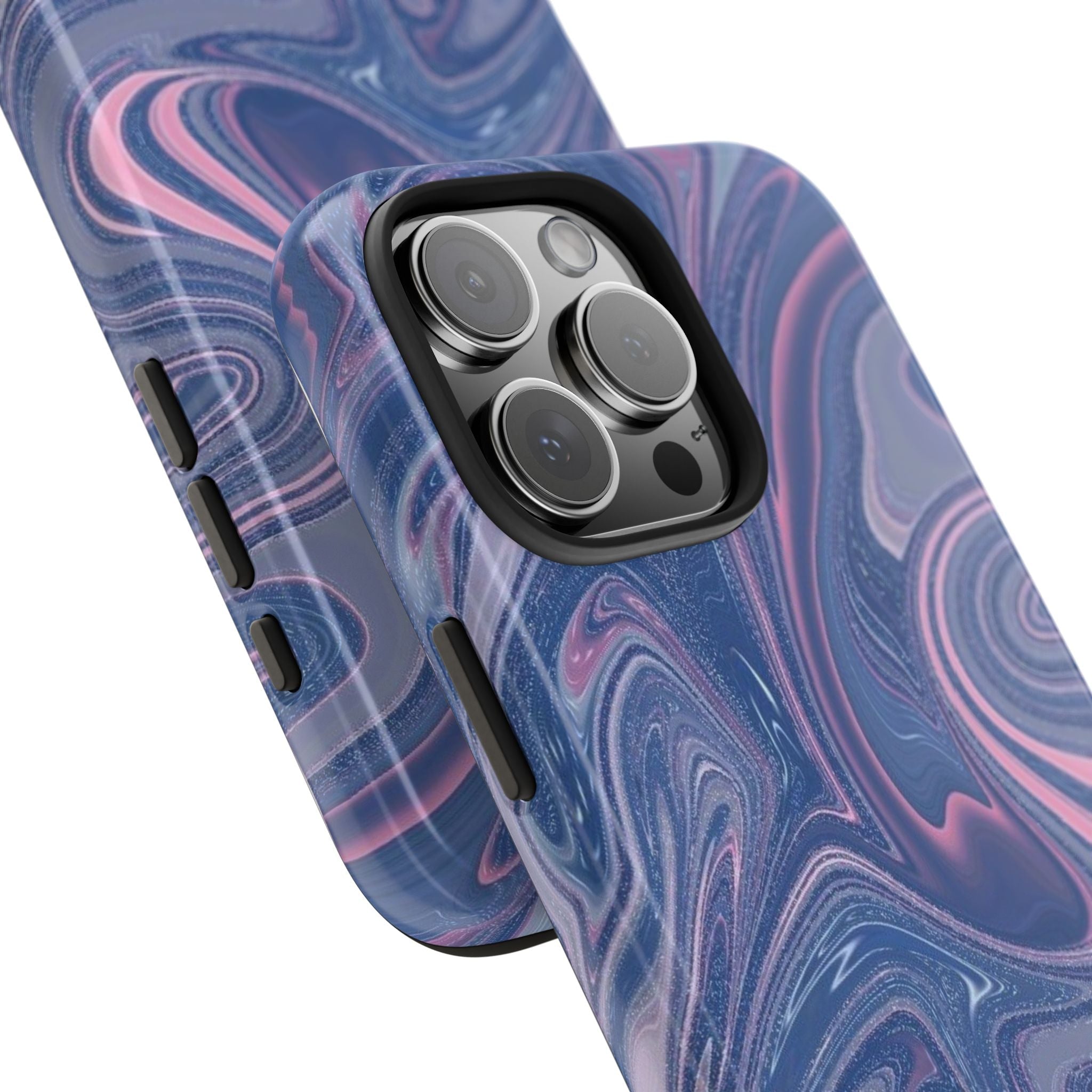 Pink and blue swirl phone case showing side buttons and camera lens openings