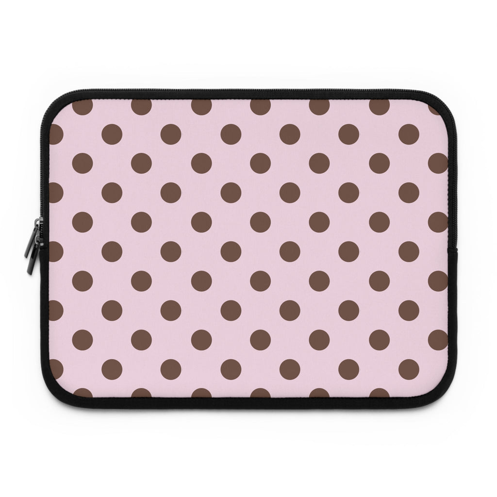 Pink neoprene tablet laptop sleeve with brown polka dots and black zipper frame