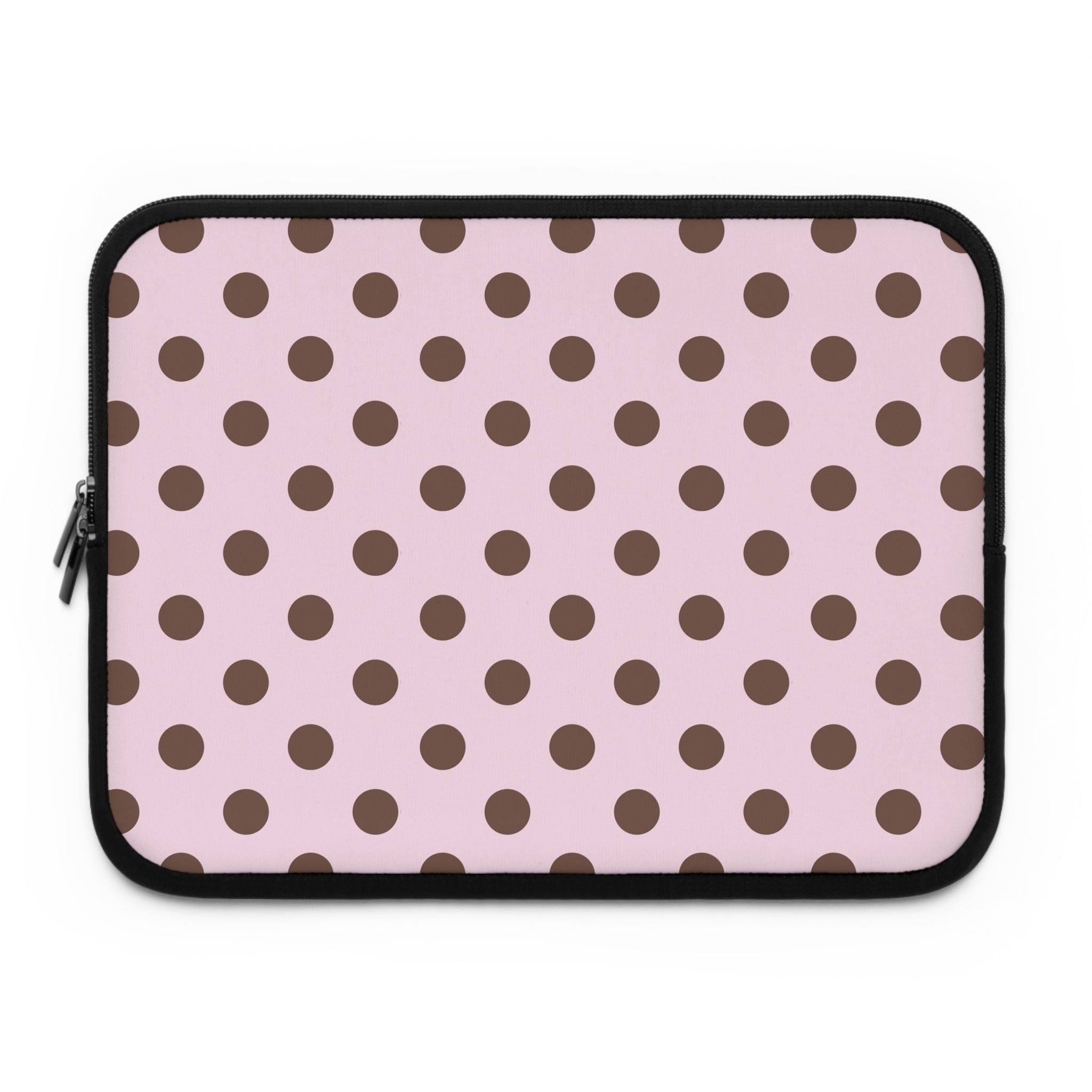 Pink neoprene tablet laptop sleeve with brown polka dots and black zipper frame