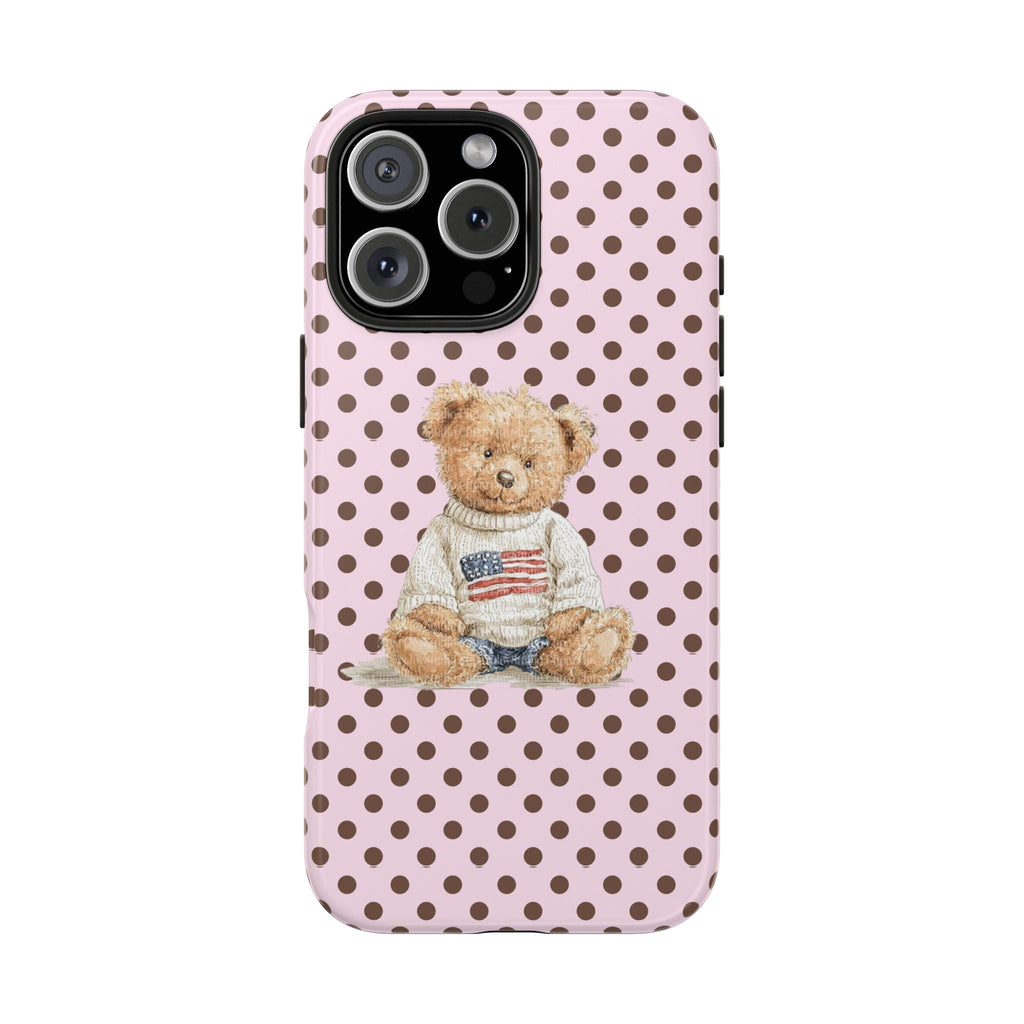 Pink case with brown polka dots and teddy bear; raised camera bump and cutouts