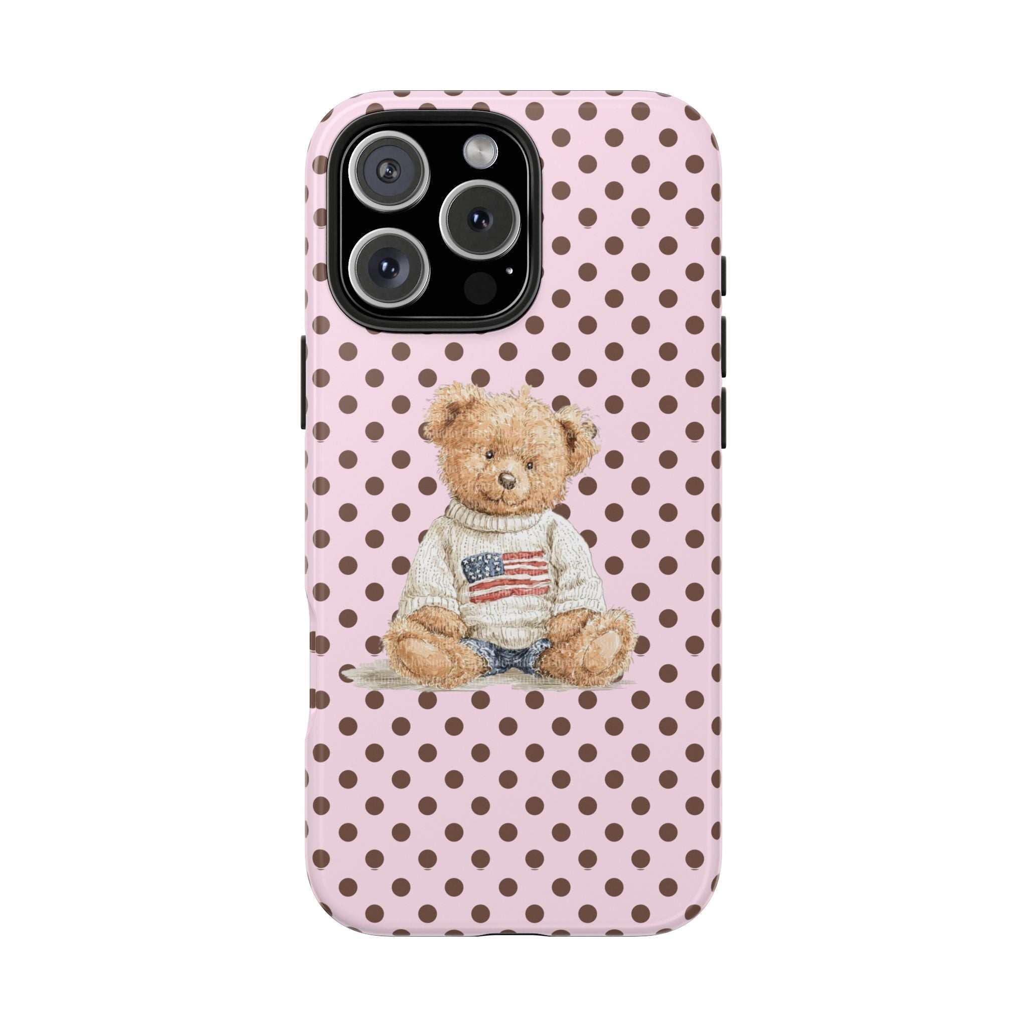 Pink case with brown polka dots and teddy bear; raised camera bump and cutouts