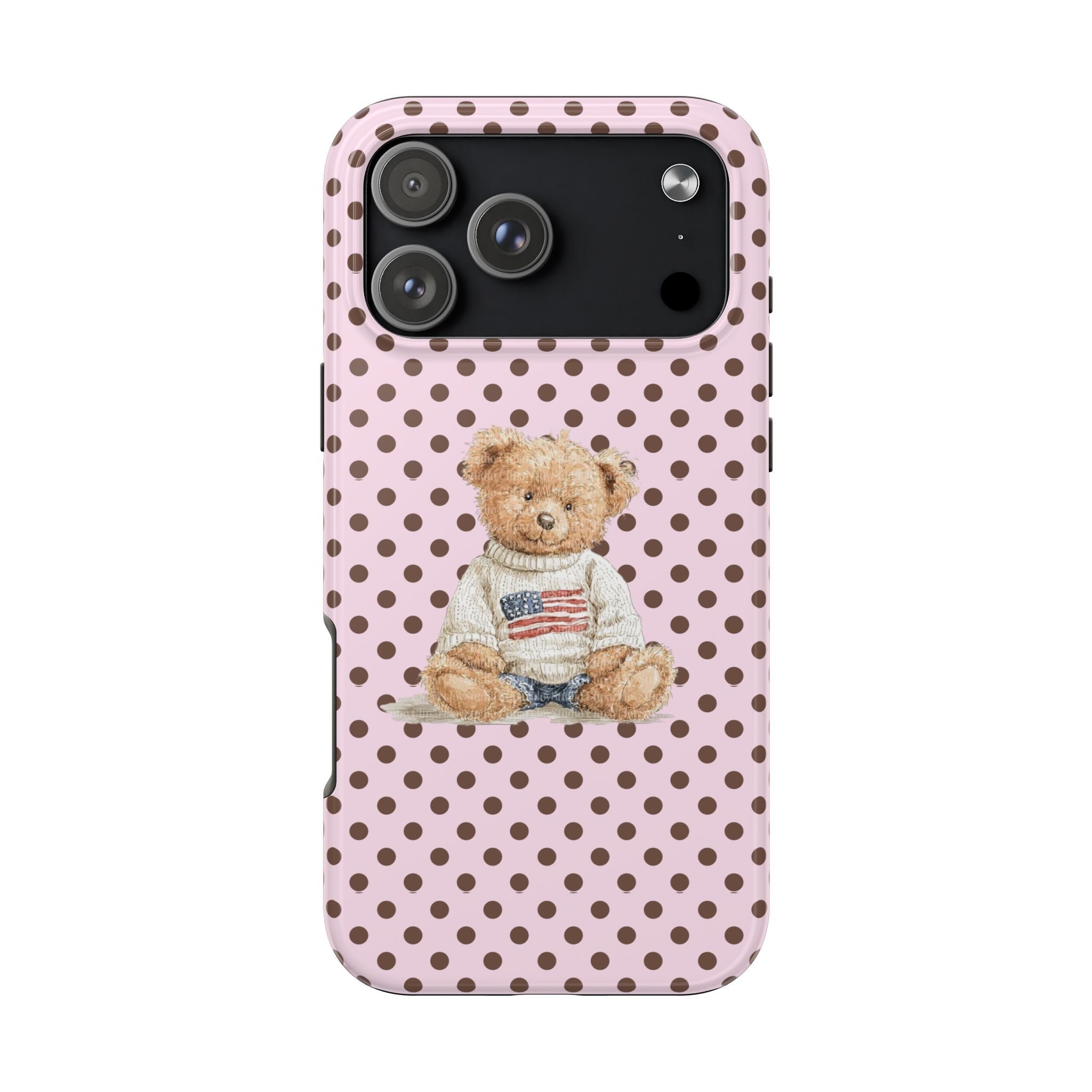 Pink case with brown polka dots and teddy bear graphic; camera cutout, top right
