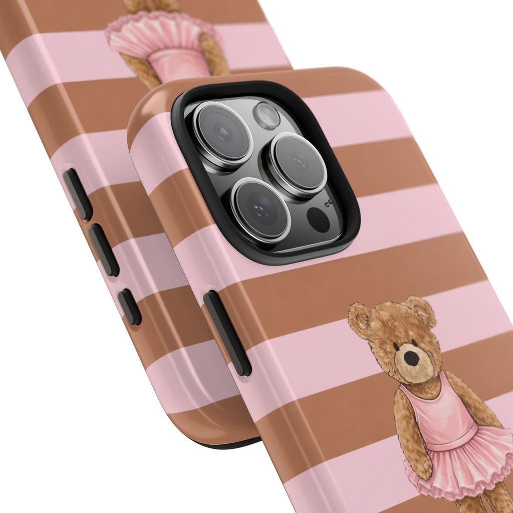 Pink and brown striped phone case with teddy ballerina on a slanted angle near camera
