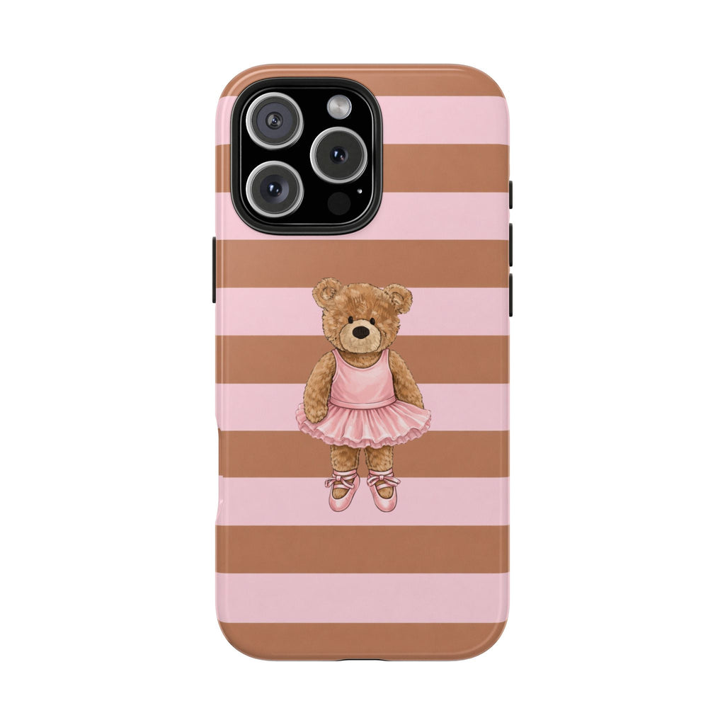 Pink and brown striped phone case with a ballerina teddy bear in pink tutu