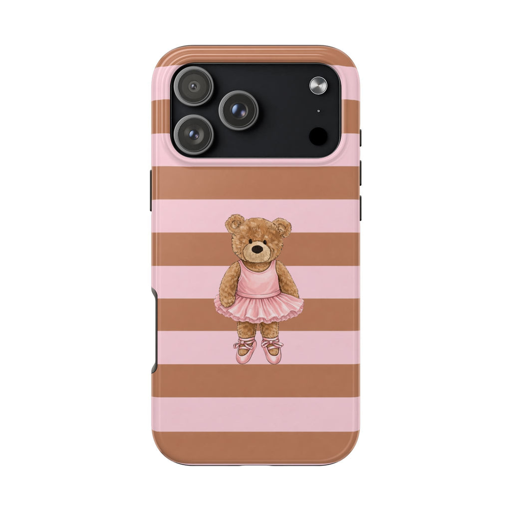 Pink and brown striped phone case with ballerina teddy bear graphic and camera cutout