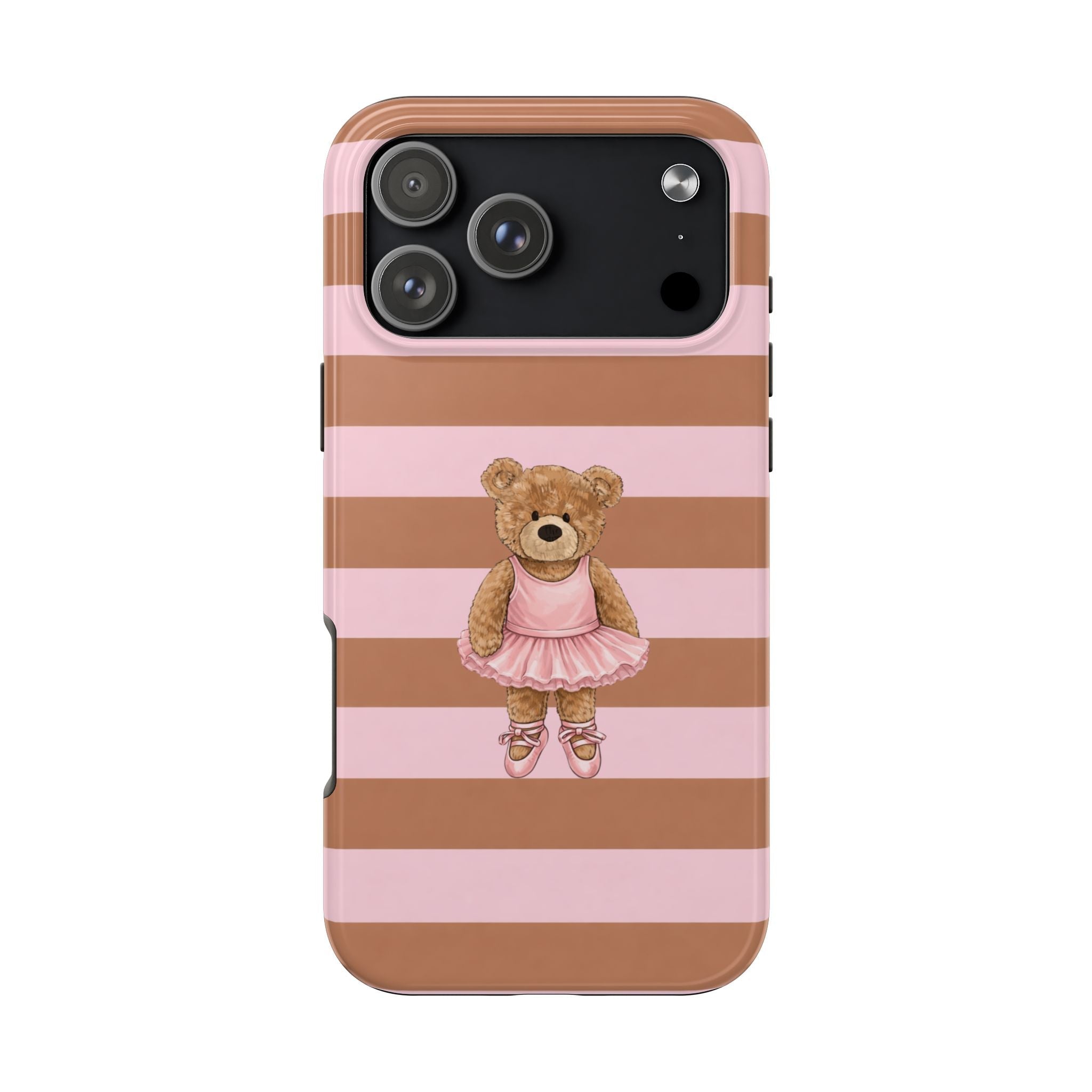 Pink and brown striped phone case with ballerina teddy bear graphic and camera cutout